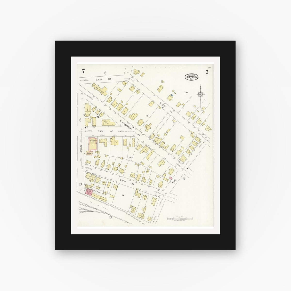 Old map wall art mockup — black gallery frame with white mat — Sanborn Fire Insurance Map from Emporium, Cameron County, Pennsylvania (1925), Sheet #0007