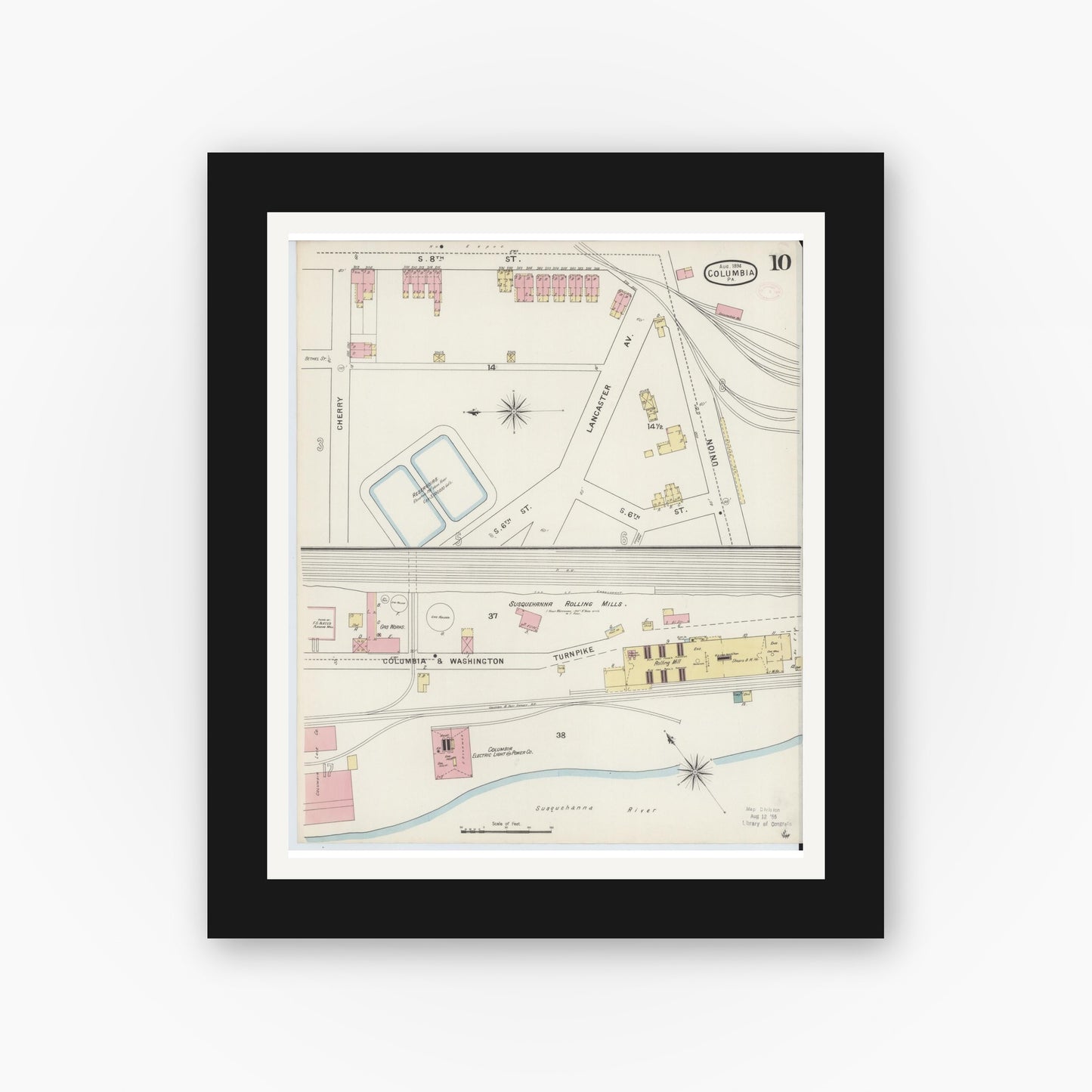Old map wall art mockup — black gallery frame with white mat — Sanborn Fire Insurance Map from Columbia, Lancaster County, Pennsylvania (1894), Sheet #0010