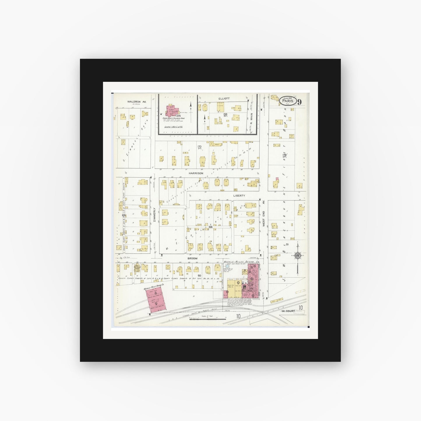 Old map wall art mockup — black gallery frame with white mat — Sanborn Fire Insurance Map from Paris, Edgar County, Illinois (1916), Sheet #0009