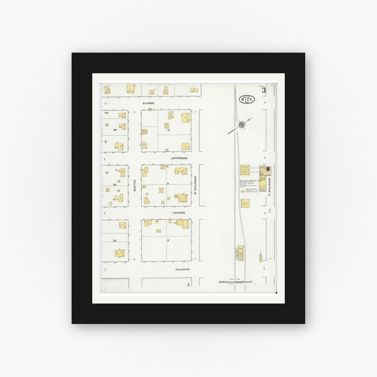 Old map wall art mockup — black gallery frame with white mat — Sanborn Fire Insurance Map from Rice, Navarro County, Texas (1921), Sheet #0003
