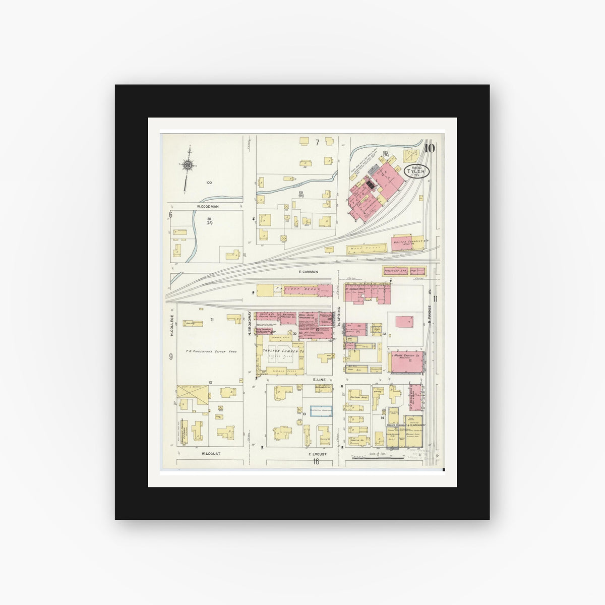 Old map wall art mockup — black gallery frame with white mat — Sanborn Fire Insurance Map from Tyler, Smith County, Texas (1912), Sheet #0010