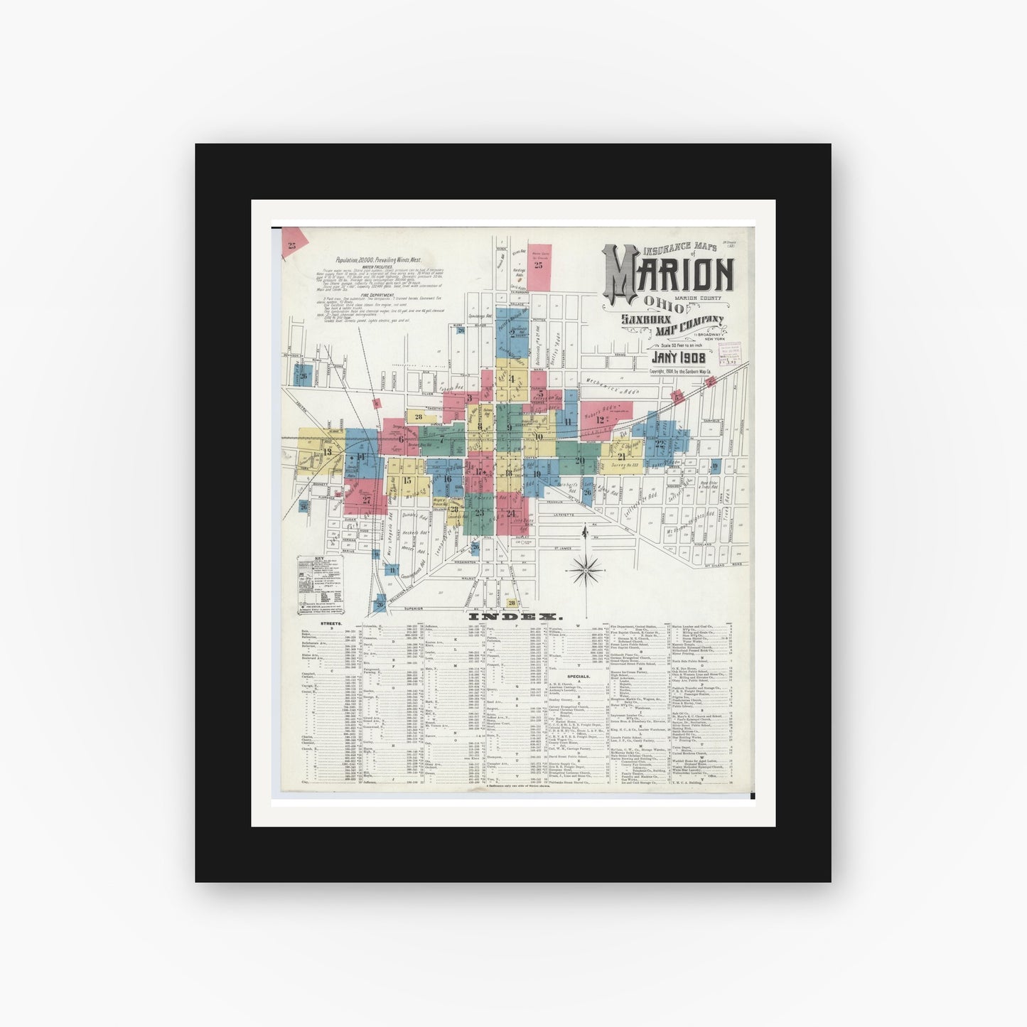 Old map wall art mockup — black gallery frame with white mat — Sanborn Fire Insurance Map from Marion, Marion County, Ohio (1908) - Complete Map Set