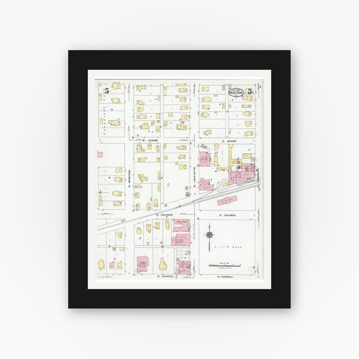 Old map wall art mockup — black gallery frame with white mat — Sanborn Fire Insurance Map from Macomb, Mcdonough County, Illinois (1924), Sheet #0005