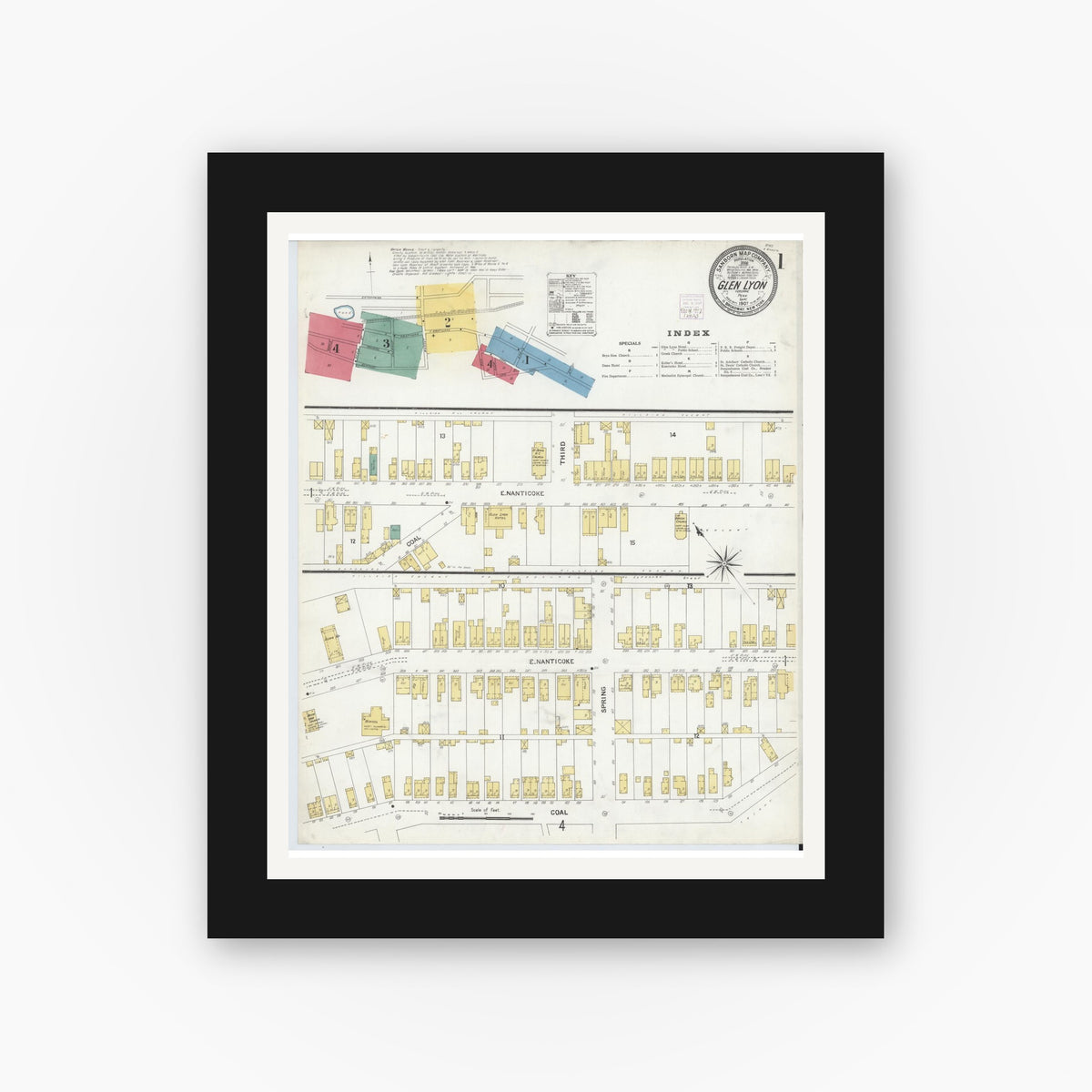 Old map wall art mockup — black gallery frame with white mat — Sanborn Fire Insurance Map from Glen Lyon, Luzerne County, Pennsylvania (1907), Sheet #0001