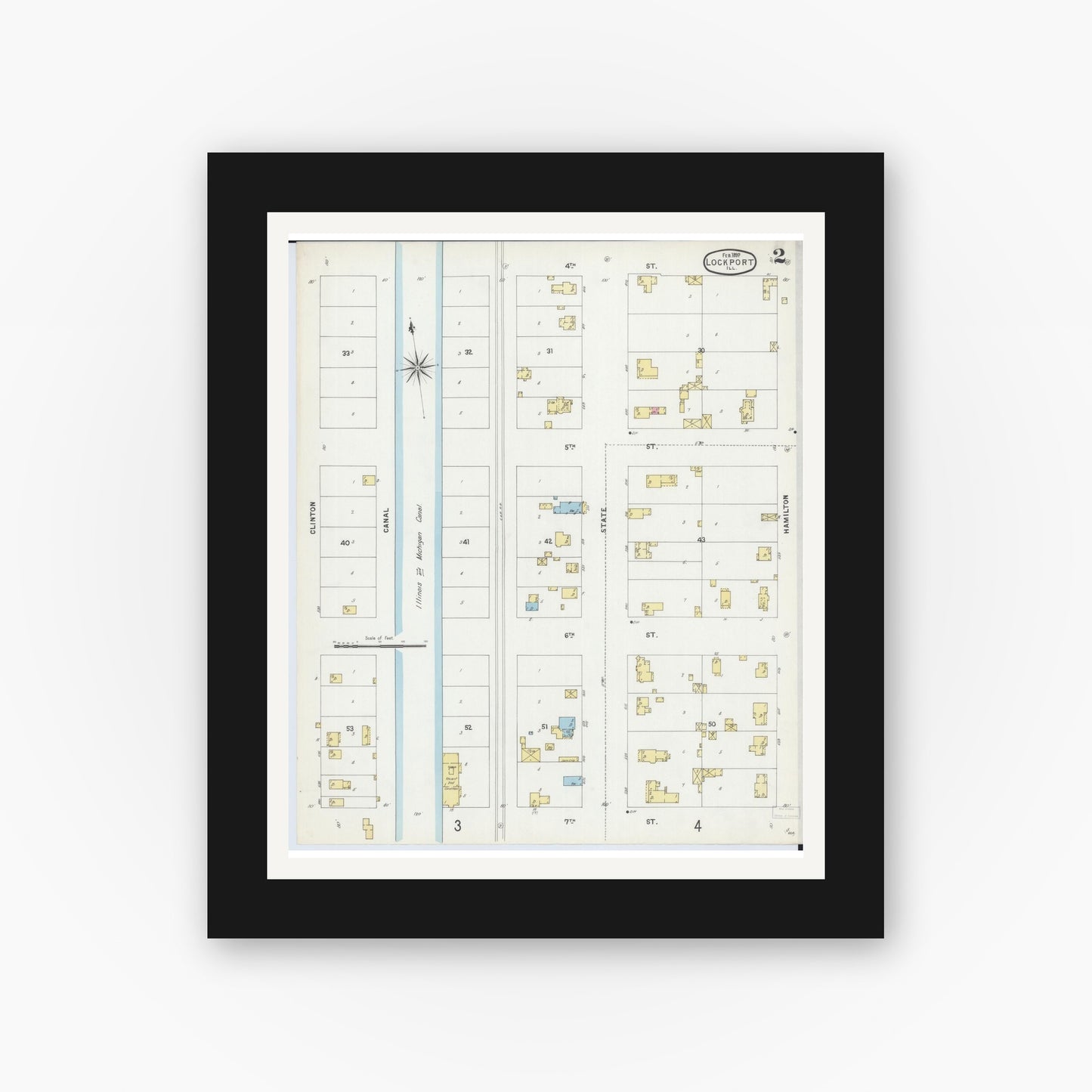 Old map wall art mockup — black gallery frame with white mat — Sanborn Fire Insurance Map from Lockport, Will County, Illinois (1897), Sheet #0002