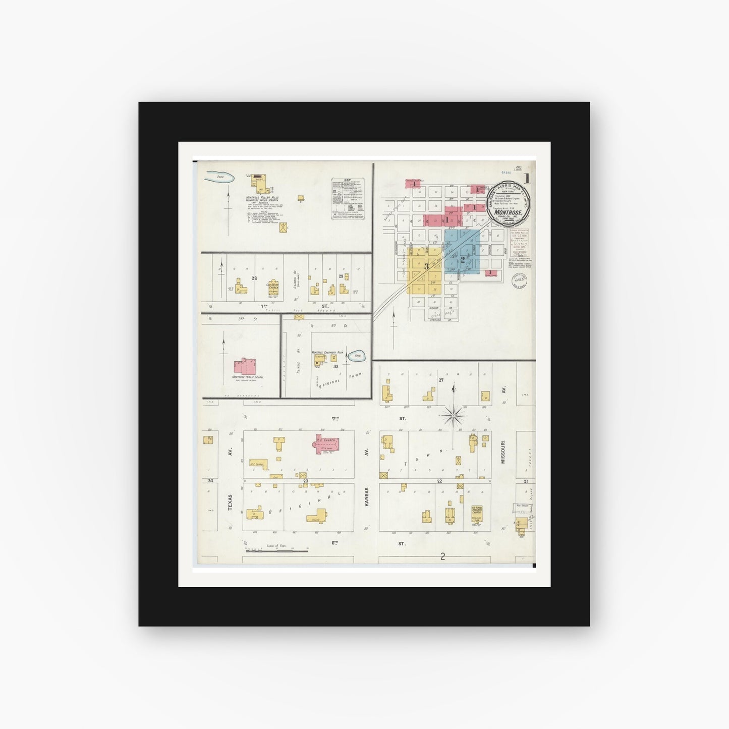 Old map wall art mockup — black gallery frame with white mat — Sanborn Fire Insurance Map from Montrose, Henry County, Missouri (1900) - Complete Map Set