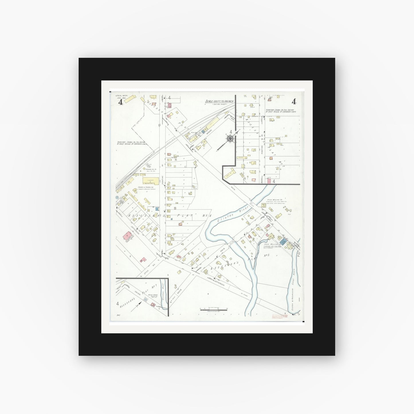 Old map wall art mockup — black gallery frame with white mat — Sanborn Fire Insurance Map from Utica, Macomb County, Michigan (1941), Sheet #0004