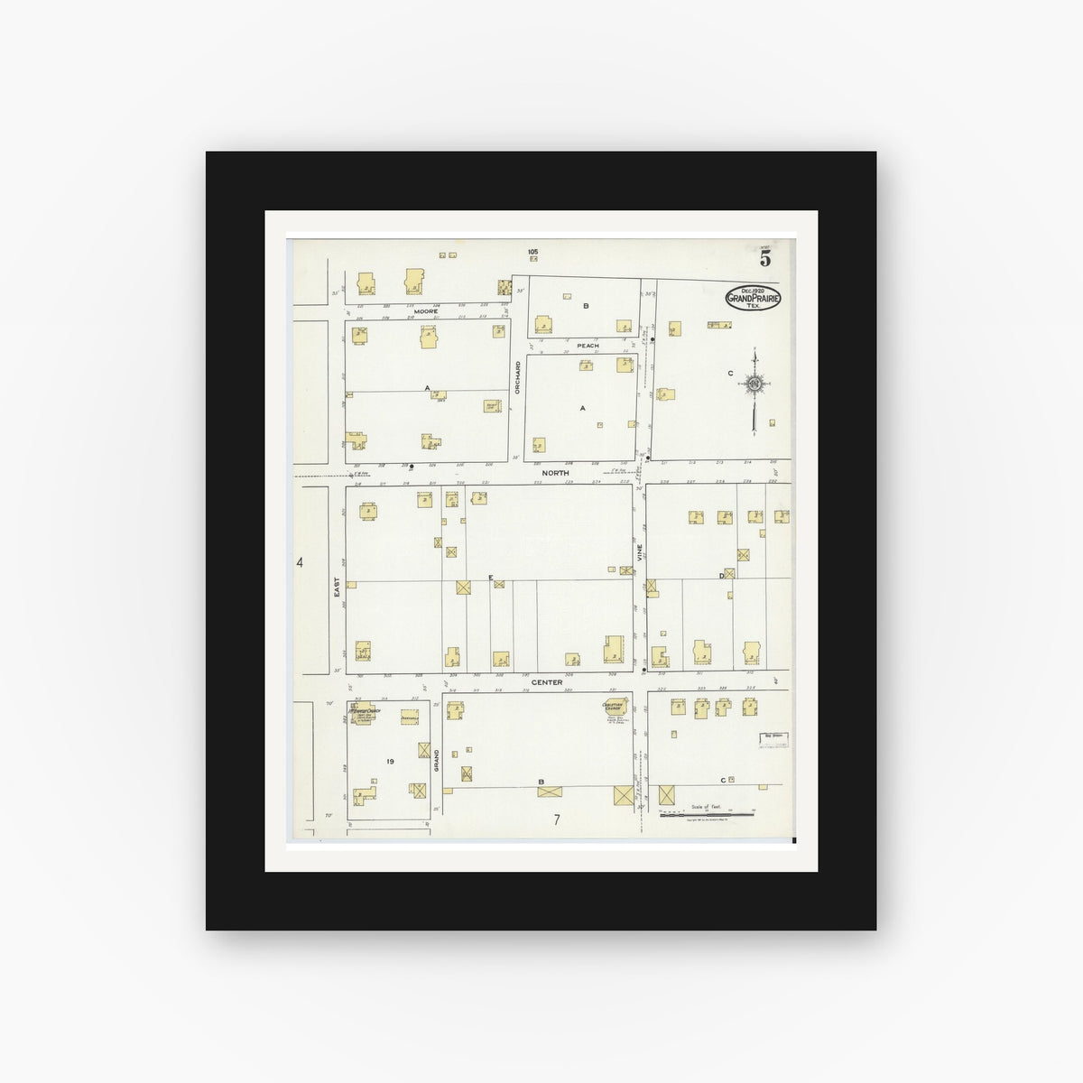Old map wall art mockup — black gallery frame with white mat — Sanborn Fire Insurance Map from Grand Prairie, Dallas County, Texas (1920), Sheet #0005