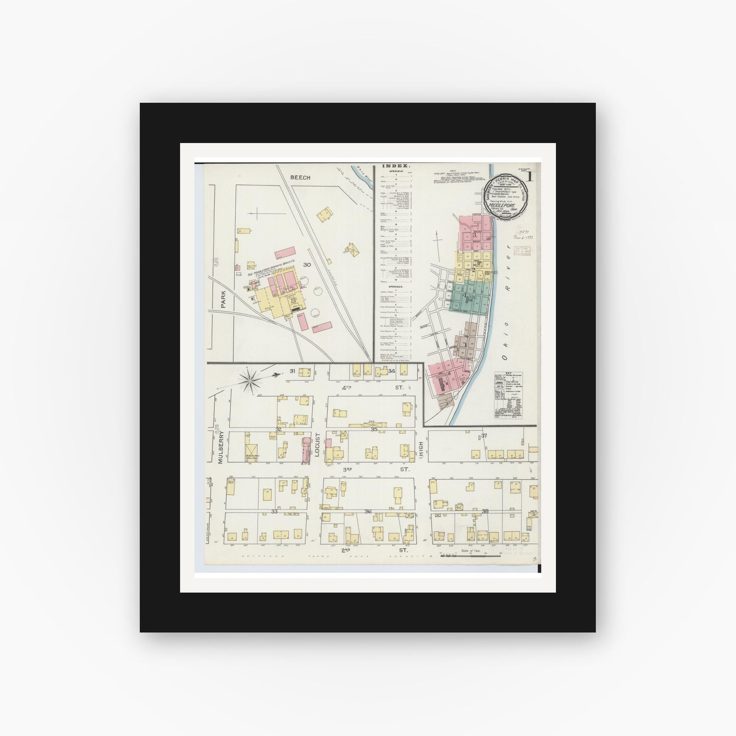 Old map wall art mockup — black gallery frame with white mat — Sanborn Fire Insurance Map from Middleport, Meigs County, Ohio (1893) - Complete Map Set