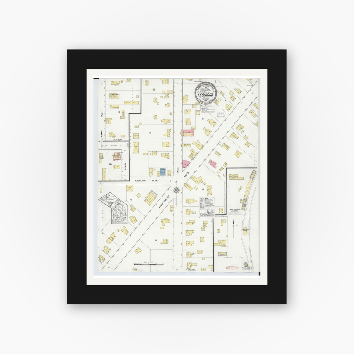 Old map wall art mockup — black gallery frame with white mat — Sanborn Fire Insurance Map from Leonidas, Saint Joseph County, Michigan (1916), Sheet #0001