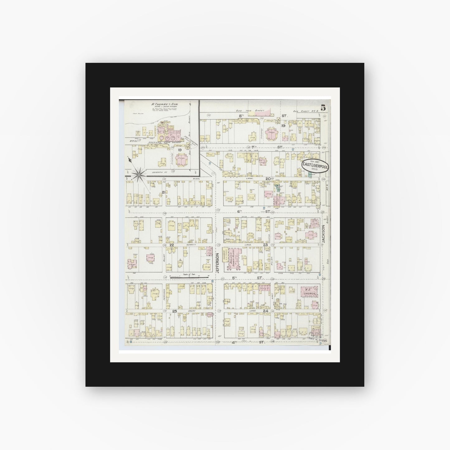 Old map wall art mockup — black gallery frame with white mat — Sanborn Fire Insurance Map from East Liverpool, Columbiana County, Ohio (1887), Sheet #0005