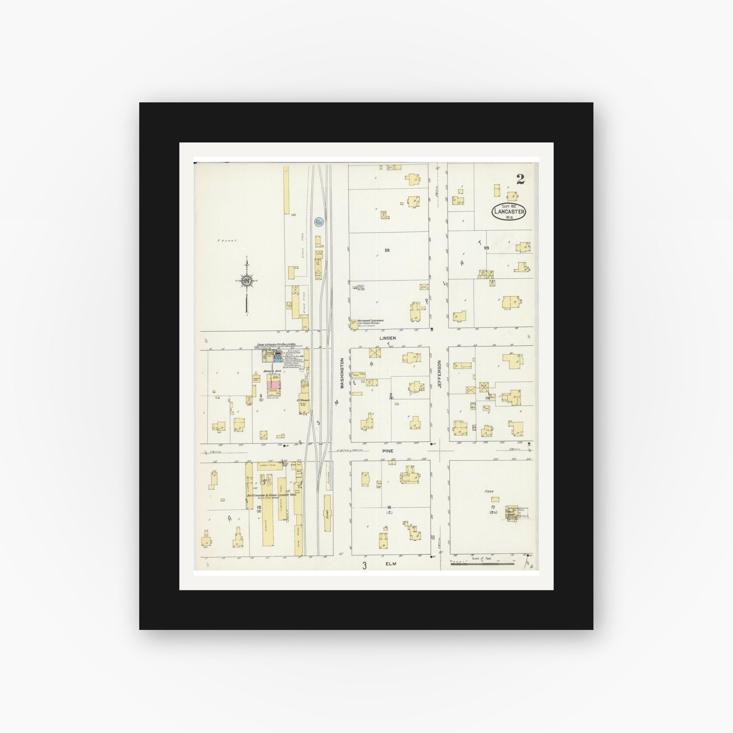 Old map wall art mockup — black gallery frame with white mat — Sanborn Fire Insurance Map from Lancaster, Grant County, Wisconsin (1912), Sheet #0002