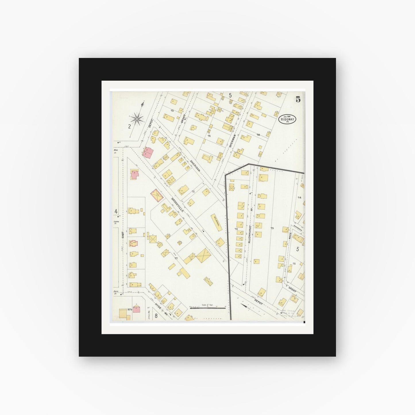 Old map wall art mockup — black gallery frame with white mat — Sanborn Fire Insurance Map from Ridgway, Elk County, Pennsylvania (1904), Sheet #0005