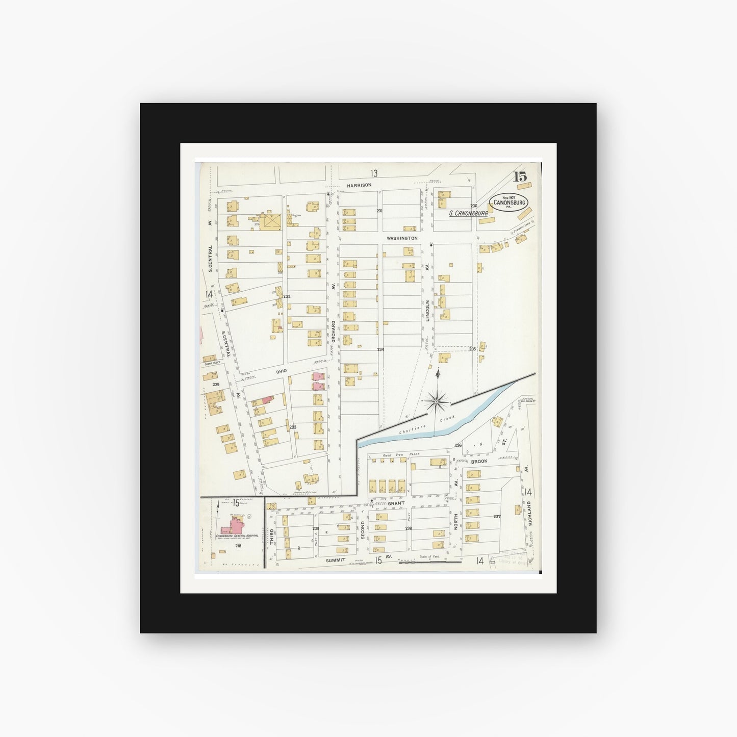 Old map wall art mockup — black gallery frame with white mat — Sanborn Fire Insurance Map from Canonsburg, Washington County, Pennsylvania (1907), Sheet #0015