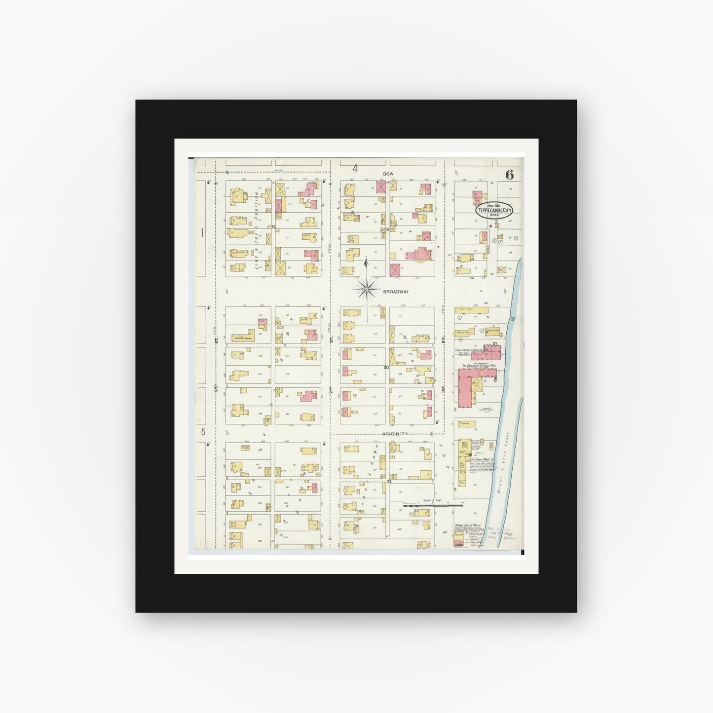 Old map wall art mockup — black gallery frame with white mat — Sanborn Fire Insurance Map from Tipp City, Miami County, Ohio (1905), Sheet #0006