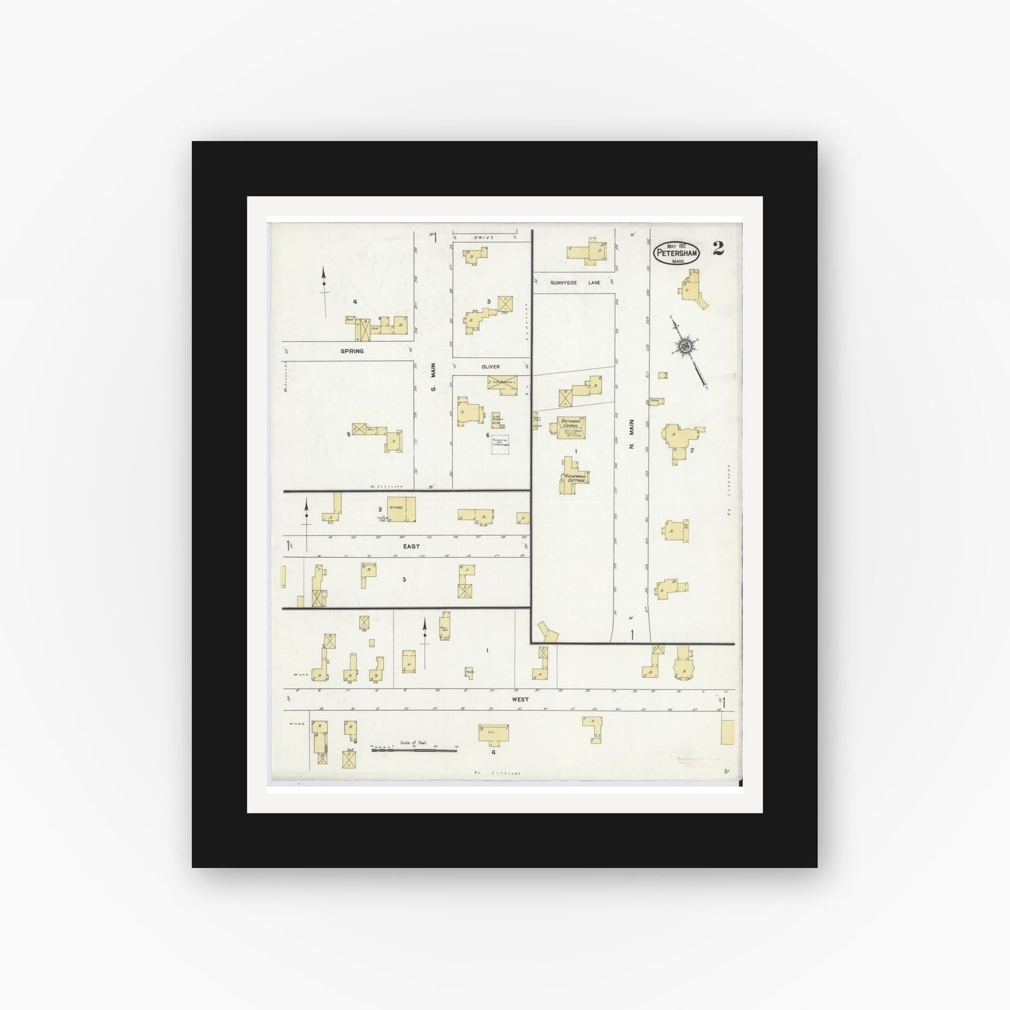 Old map wall art mockup β black gallery frame with white mat β Sanborn Fire Insurance Map from Petersham, Worcester County, Massachusetts (1912), Sheet #0002