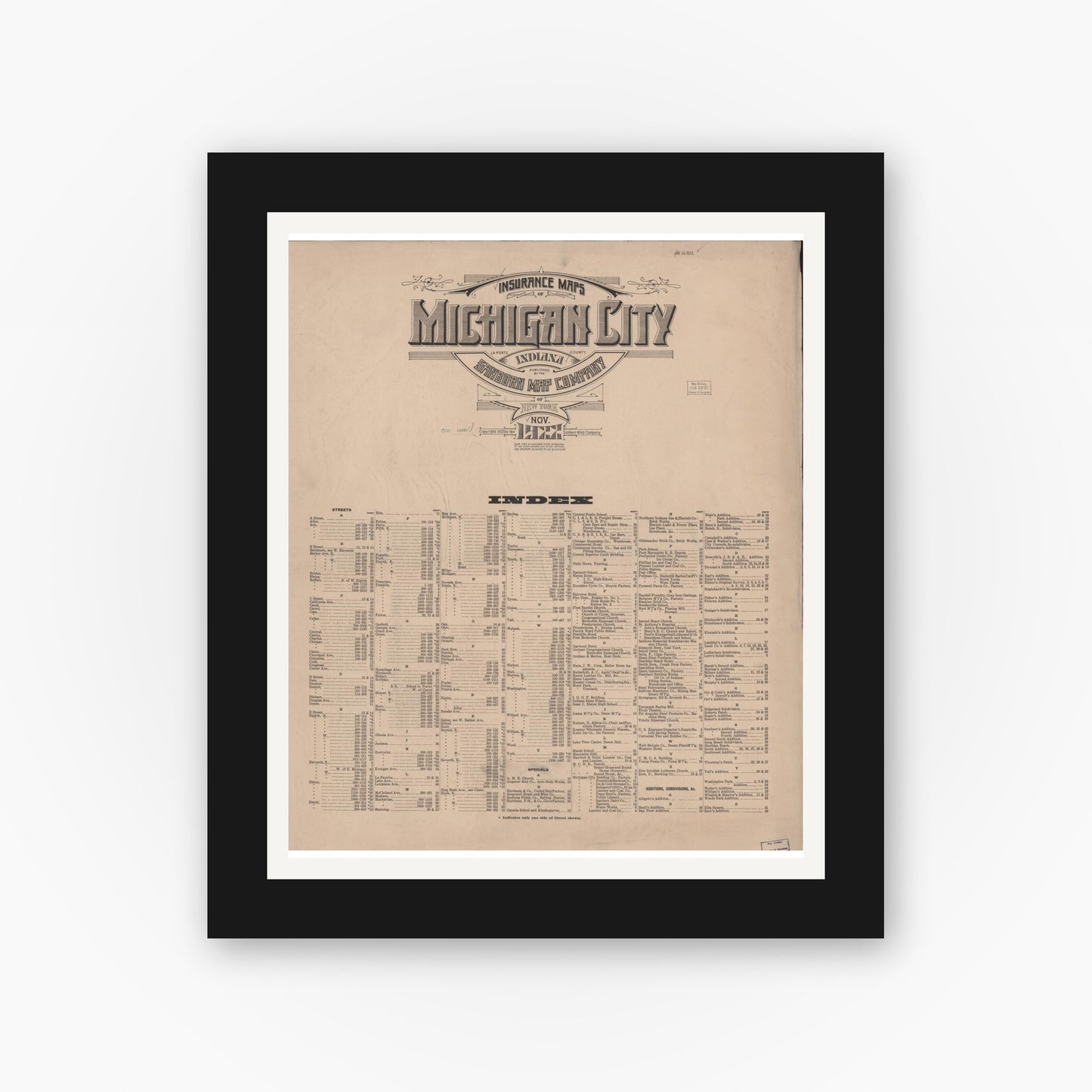 Old map wall art mockup — black gallery frame with white mat — Sanborn Fire Insurance Map from Michigan City, La Porte County, Indiana (1922), Sheet #0001