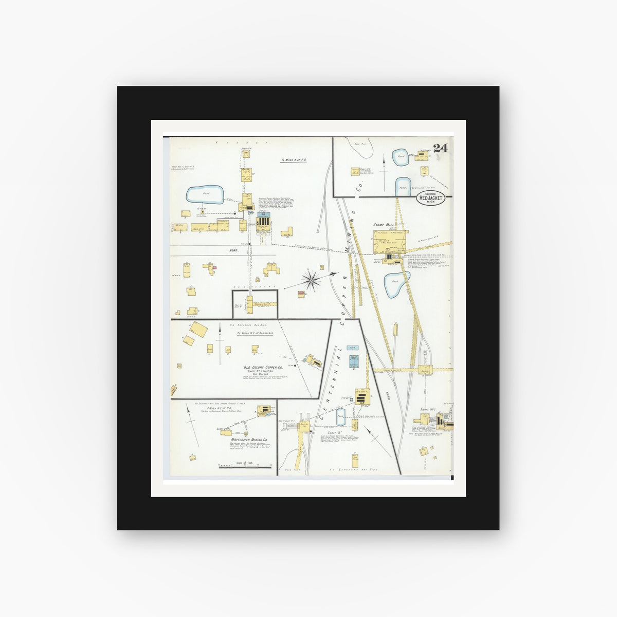 Old map wall art mockup — black gallery frame with white mat — Sanborn Fire Insurance Map from Red Jacket, Houghton County, Michigan (1900), Sheet #0024