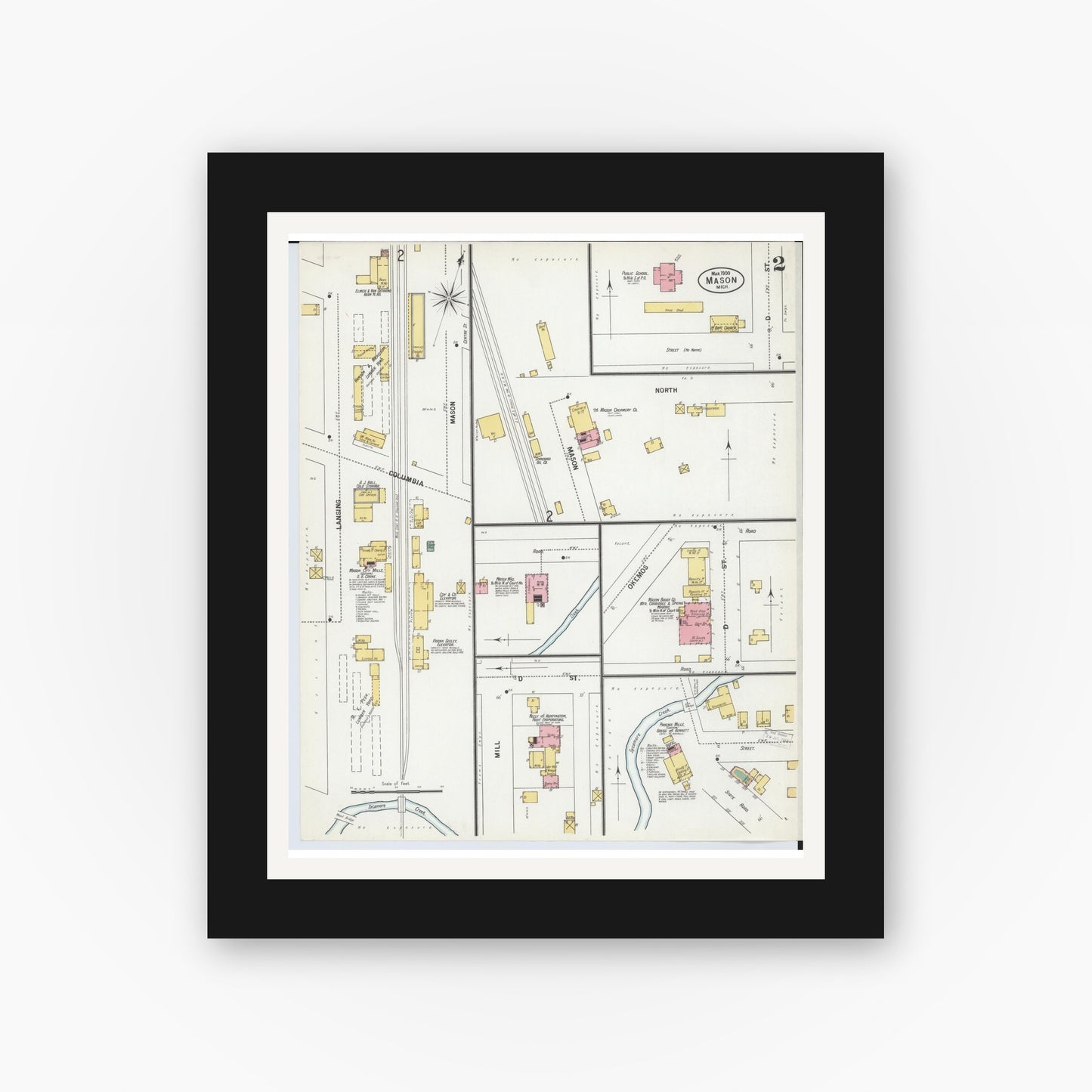 Old map wall art mockup — black gallery frame with white mat — Sanborn Fire Insurance Map from Mason, Ingham County, Michigan (1900), Sheet #0002