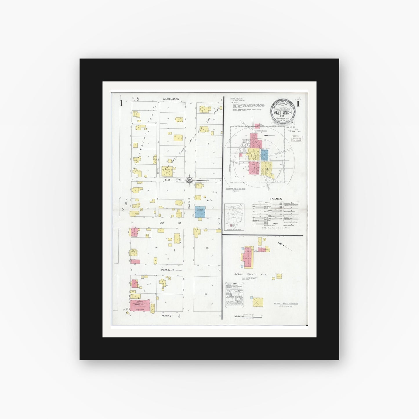 Old map wall art mockup — black gallery frame with white mat — Sanborn Fire Insurance Map from West Union, Adams County, Ohio (1930), Sheet #0001