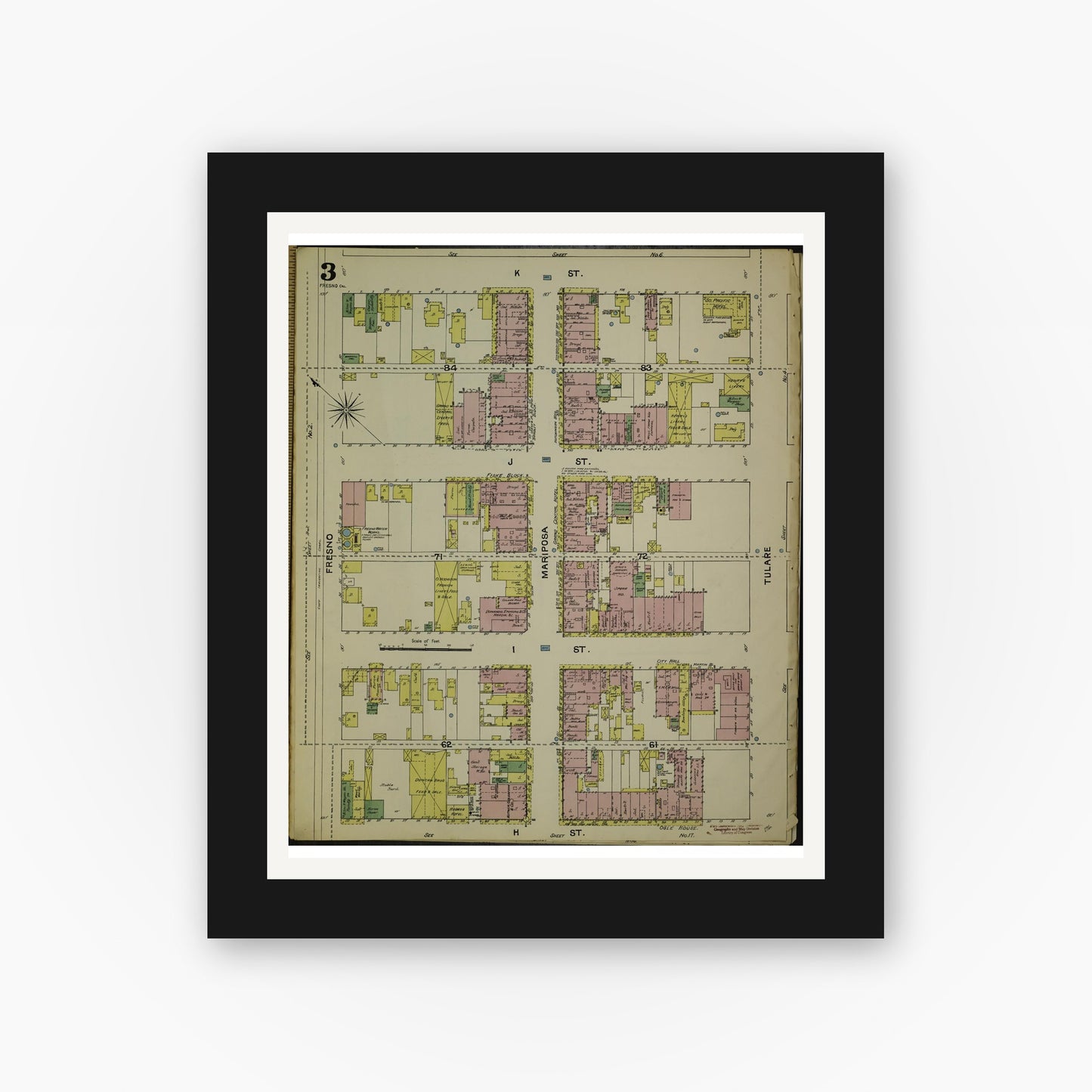 Old map wall art mockup — black gallery frame with white mat — Sanborn Fire Insurance Map from Fresno, Fresno County, California (1888), Sheet #0003