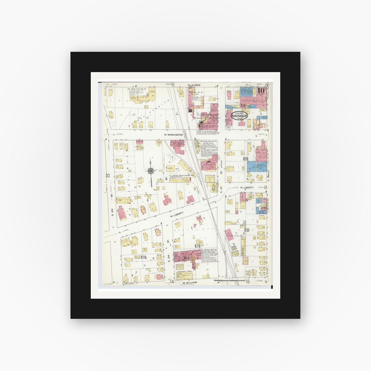 Old map wall art mockup — black gallery frame with white mat — Sanborn Fire Insurance Map from Ann Arbor, Washtenaw County, Michigan (1916), Sheet #0010