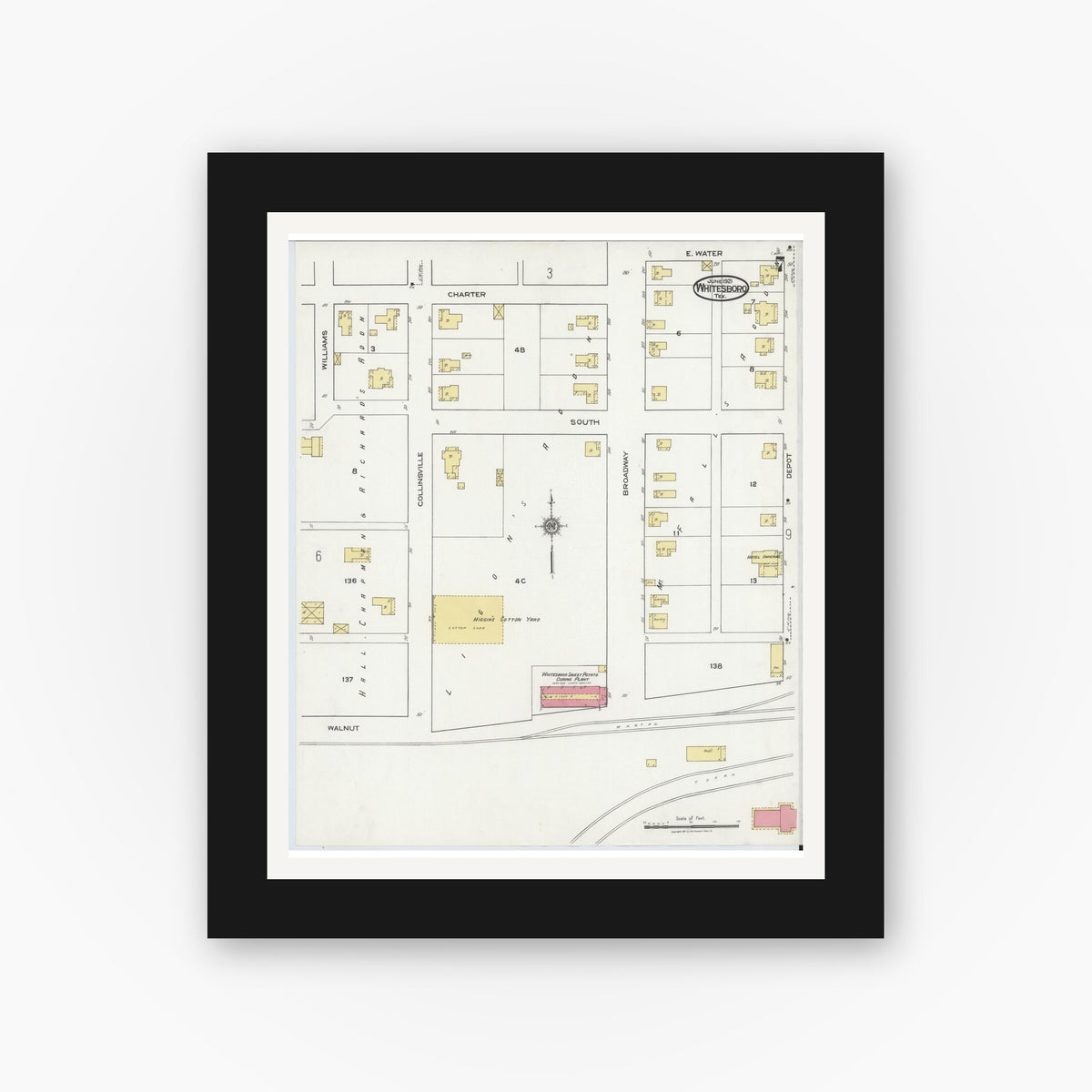 Old map wall art mockup — black gallery frame with white mat — Sanborn Fire Insurance Map from Whitesboro, Grayson County, Texas (1921), Sheet #0007