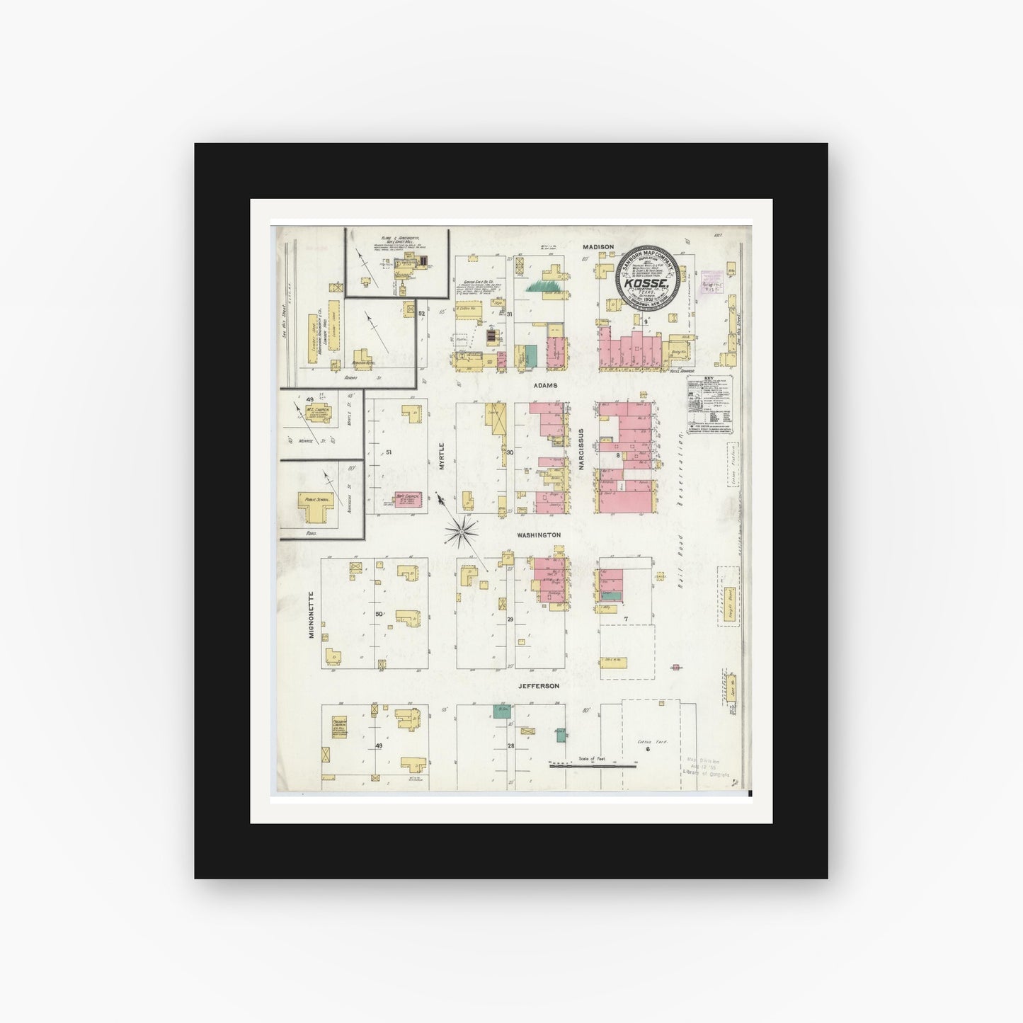 Old map wall art mockup — black gallery frame with white mat — Sanborn Fire Insurance Map from Kosse, Limestone County, Texas (1905), Sheet #0001