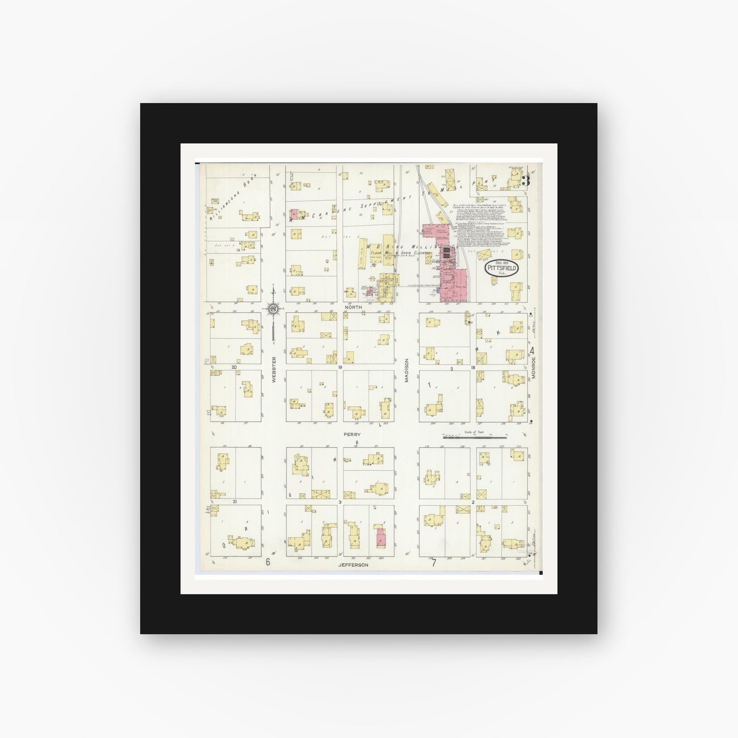 Old map wall art mockup — black gallery frame with white mat — Sanborn Fire Insurance Map from Pittsfield, Pike County, Illinois (1913), Sheet #0003