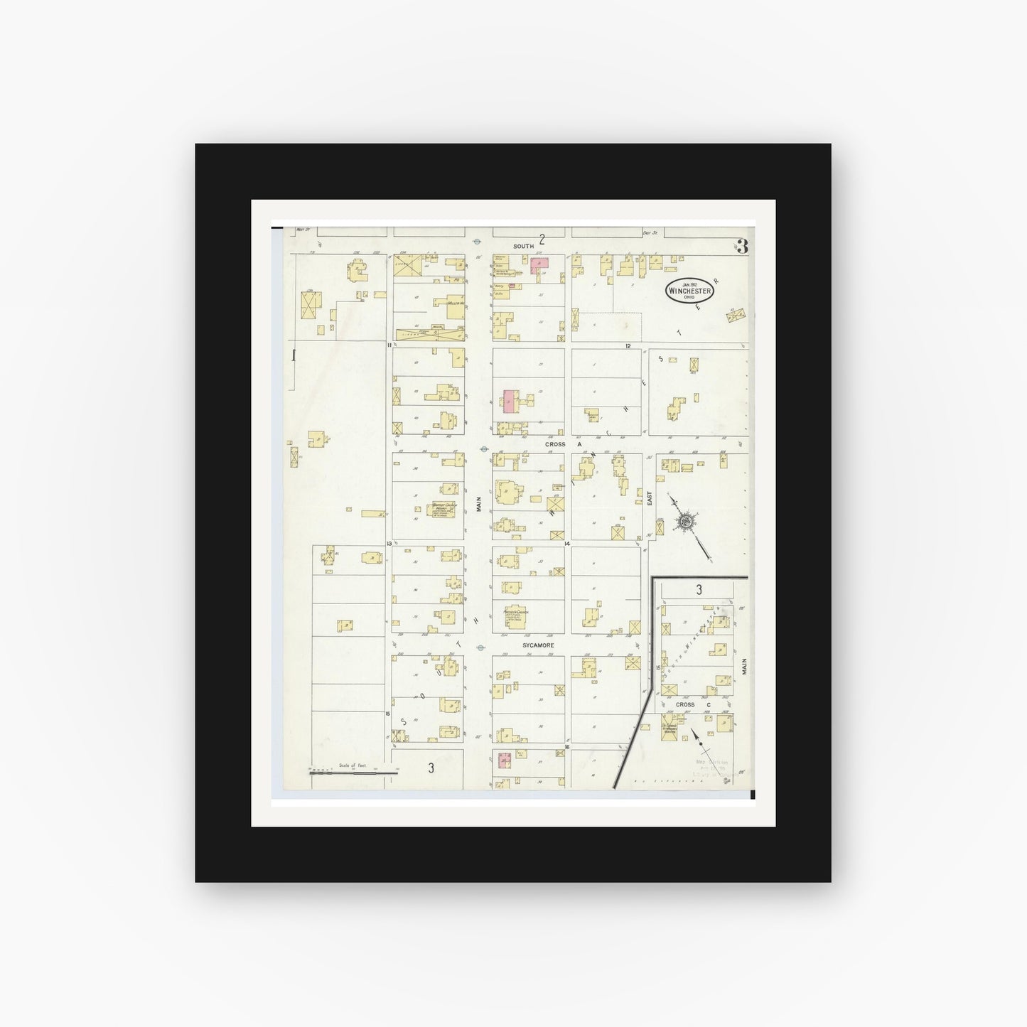 Old map wall art mockup — black gallery frame with white mat — Sanborn Fire Insurance Map from Winchester, Adams County, Ohio (1912), Sheet #0003