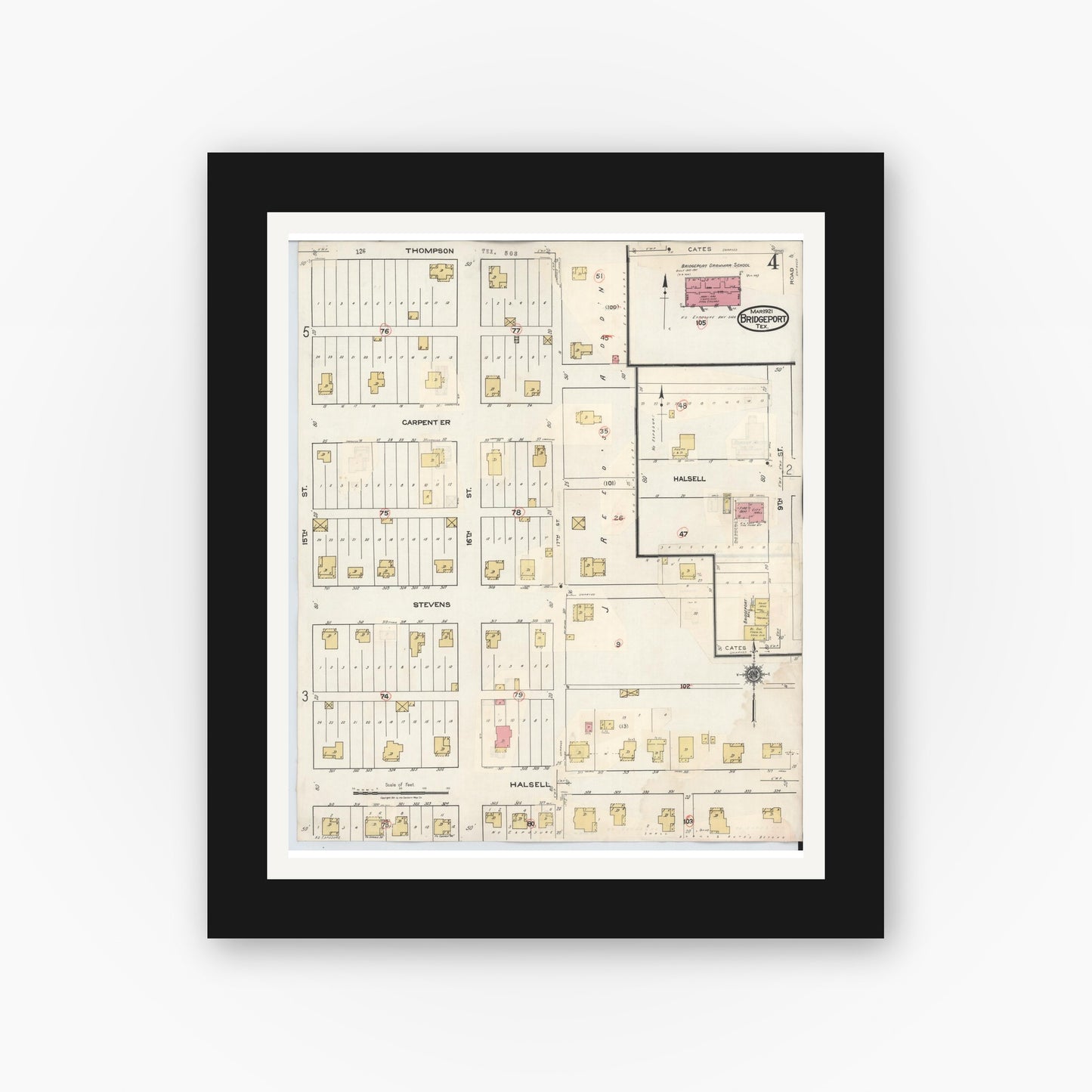 Old map wall art mockup — black gallery frame with white mat — Sanborn Fire Insurance Map from Bridgeport, Wise County, Texas (1944), Sheet #0004