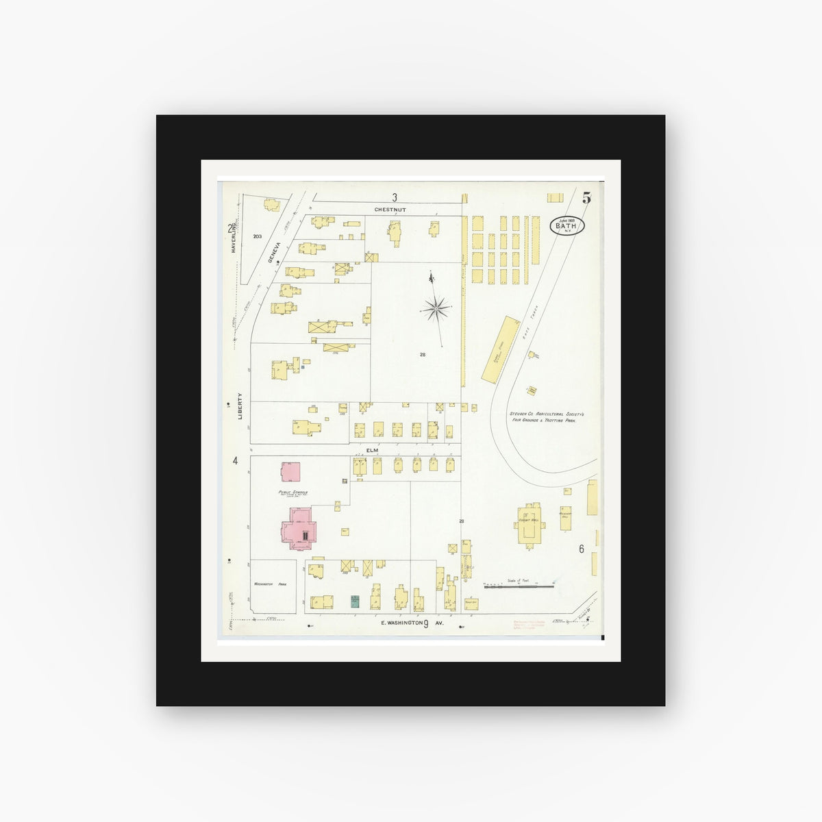 Old map wall art mockup — black gallery frame with white mat — Sanborn Fire Insurance Map from Bath, Steuben County, New York (1909), Sheet #0005