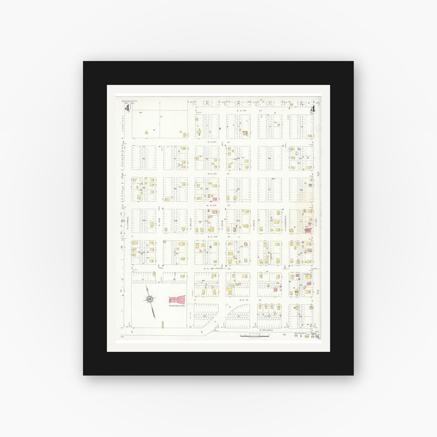 Old map wall art mockup — black gallery frame with white mat — Sanborn Fire Insurance Map from McLean, Gray County, Texas (1933), Sheet #0004