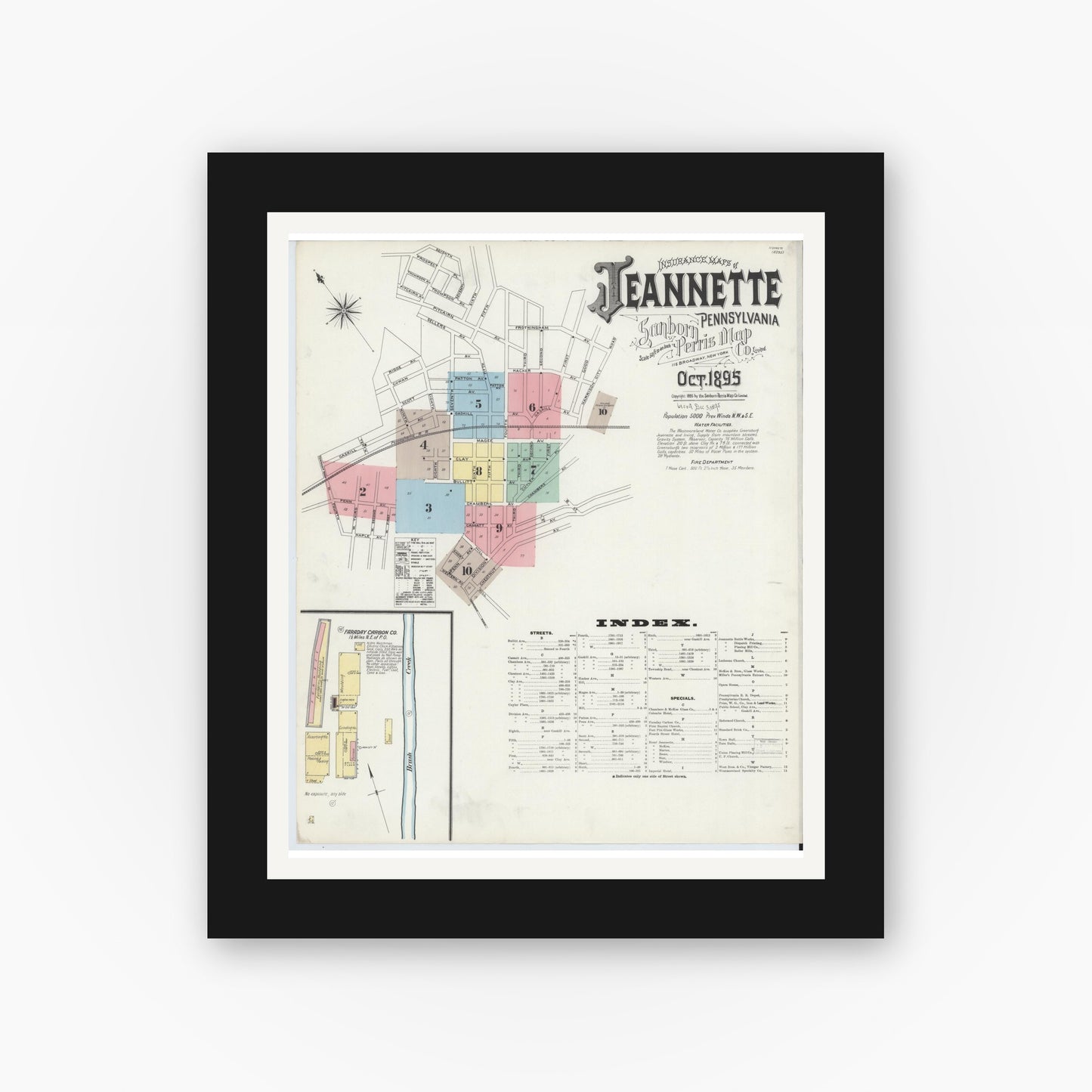 Old map wall art mockup — black gallery frame with white mat — Sanborn Fire Insurance Map from Jeannette, Westmoreland County, Pennsylvania (1895) - Complete Map Set