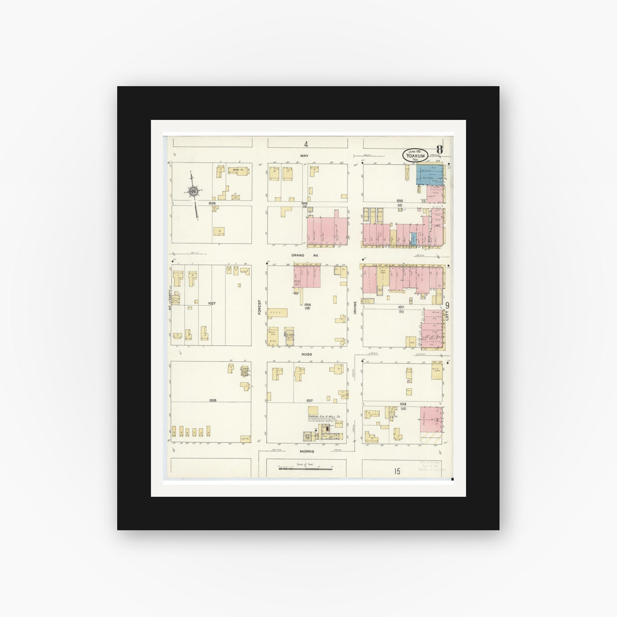 Old map wall art mockup — black gallery frame with white mat — Sanborn Fire Insurance Map from Yoakum, De Witt And Lavaca Counties, Texas (1912), Sheet #0008