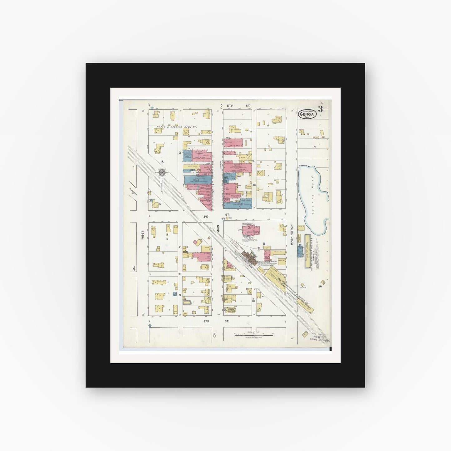 Old map wall art mockup — black gallery frame with white mat — Sanborn Fire Insurance Map from Genoa, Ottawa County, Ohio (1920), Sheet #0003
