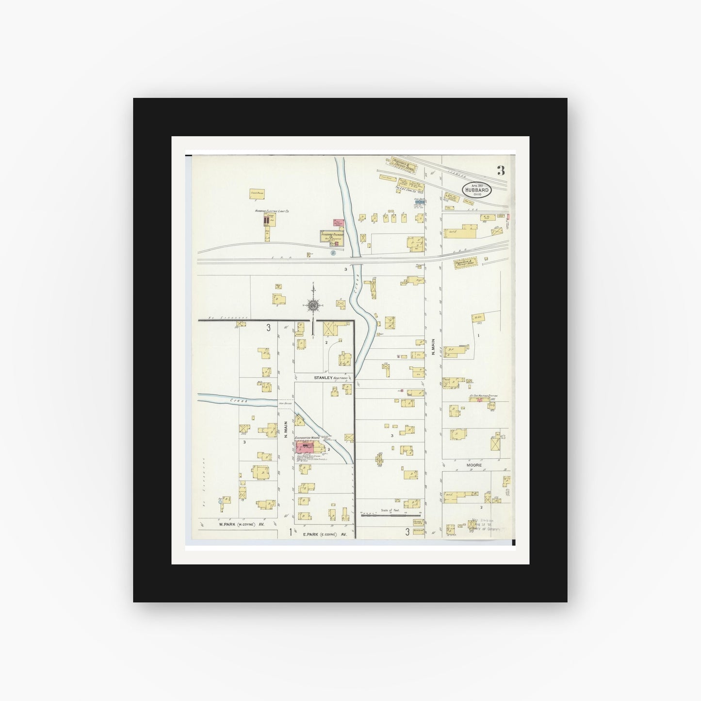 Old map wall art mockup — black gallery frame with white mat — Sanborn Fire Insurance Map from Hubbard, Trumbull County, Ohio (1911), Sheet #0003