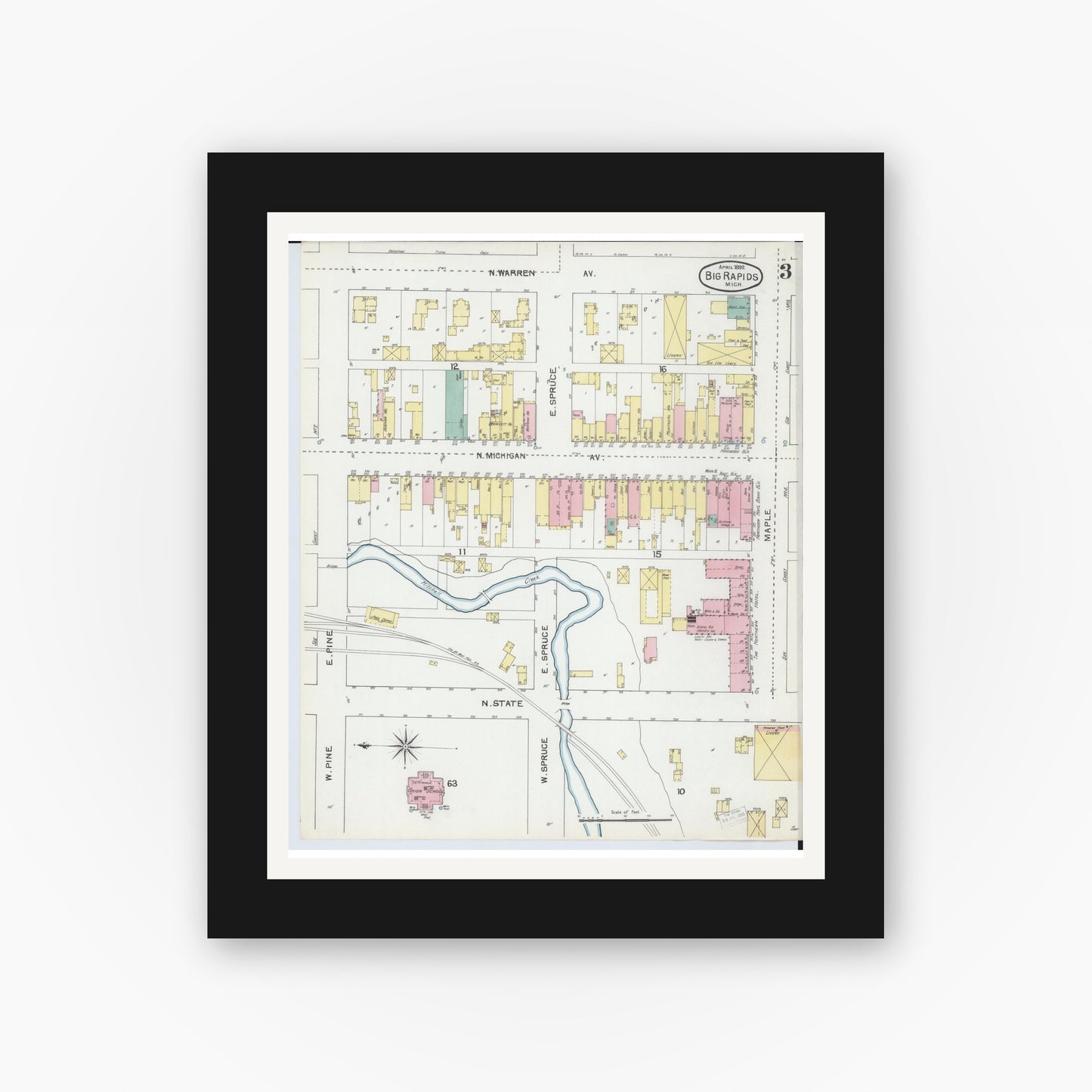 Old map wall art mockup — black gallery frame with white mat — Sanborn Fire Insurance Map from Big Rapids, Mecosta County, Michigan (1892), Sheet #0003