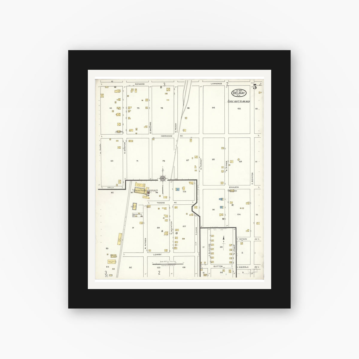 Old map wall art mockup — black gallery frame with white mat — Sanborn Fire Insurance Map from Delray, Palm Beach County, Florida (1922), Sheet #0005