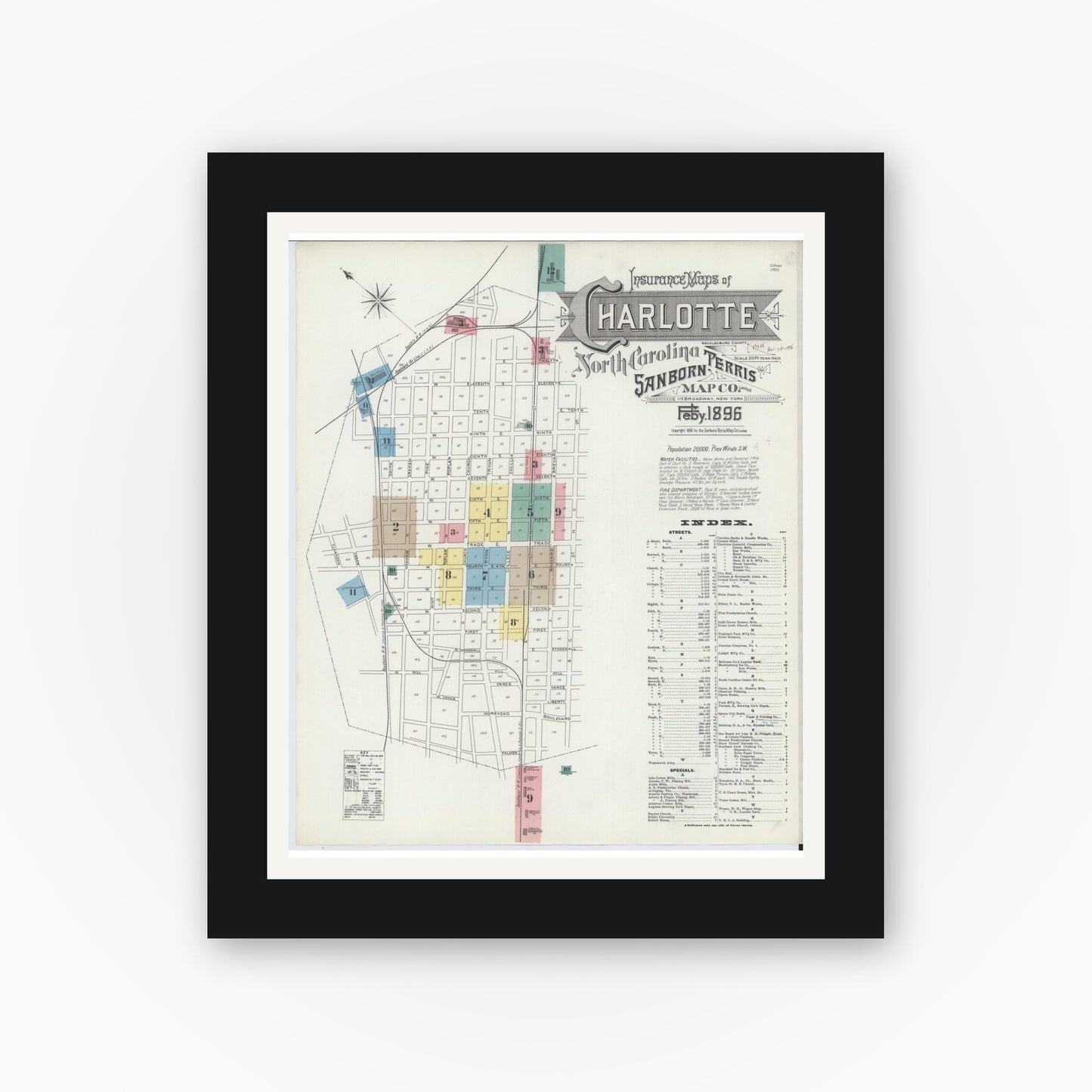 Old map wall art mockup — black gallery frame with white mat — Sanborn Fire Insurance Map from Charlotte, Mecklenburg County, North Carolina (1896) - Complete Map Set