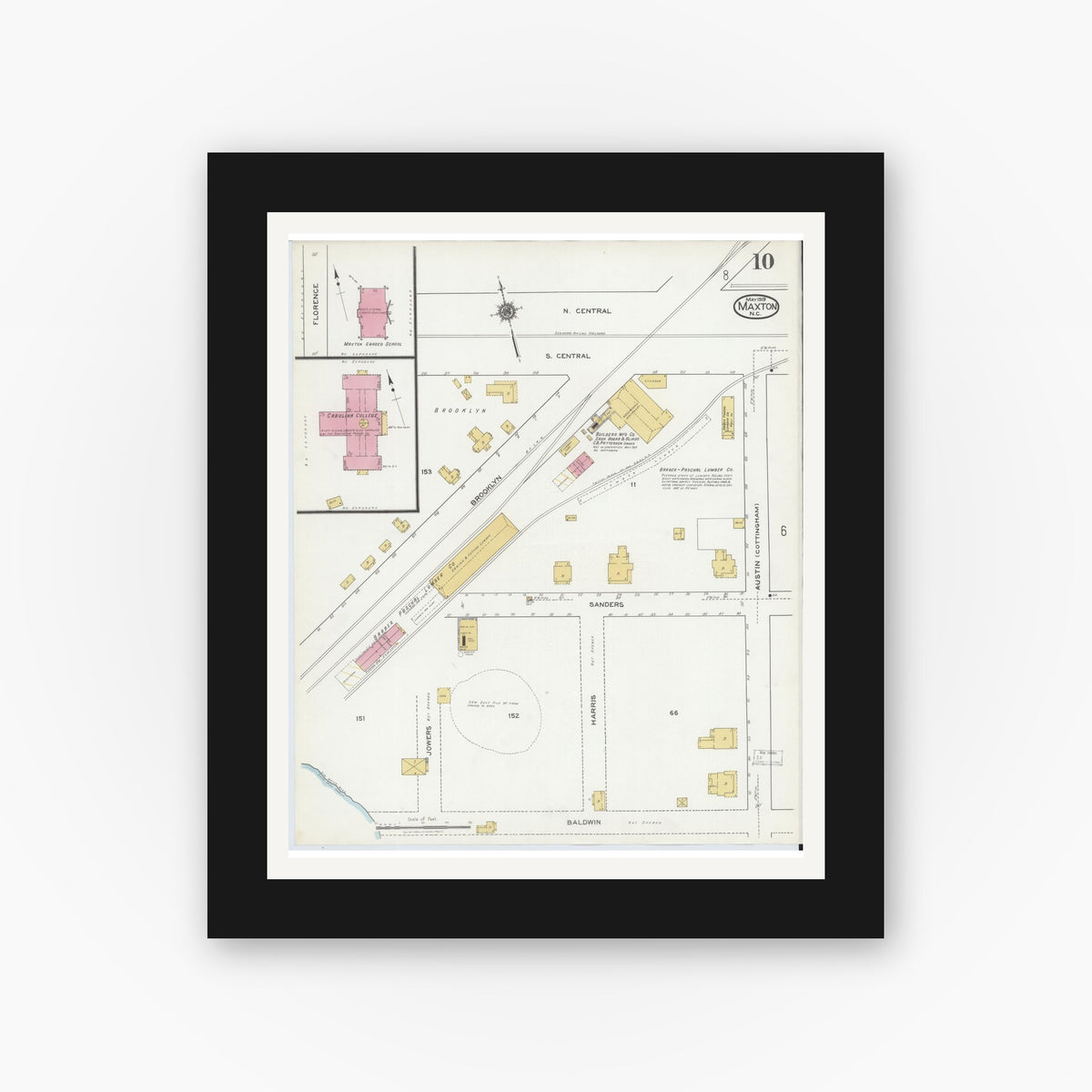 Old map wall art mockup — black gallery frame with white mat — Sanborn Fire Insurance Map from Maxton, Robeson County, North Carolina (1919), Sheet #0010