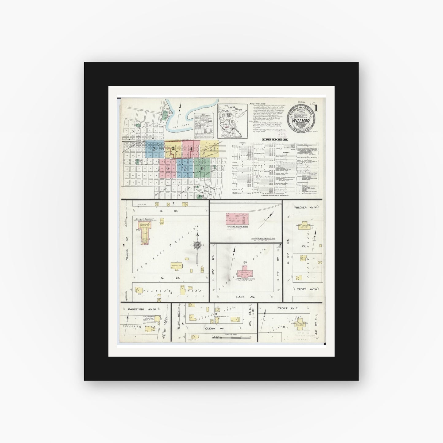 Old map wall art mockup — black gallery frame with white mat — Sanborn Fire Insurance Map from Willmar, Kandiyohi County, Minnesota (1914) - Complete Map Set