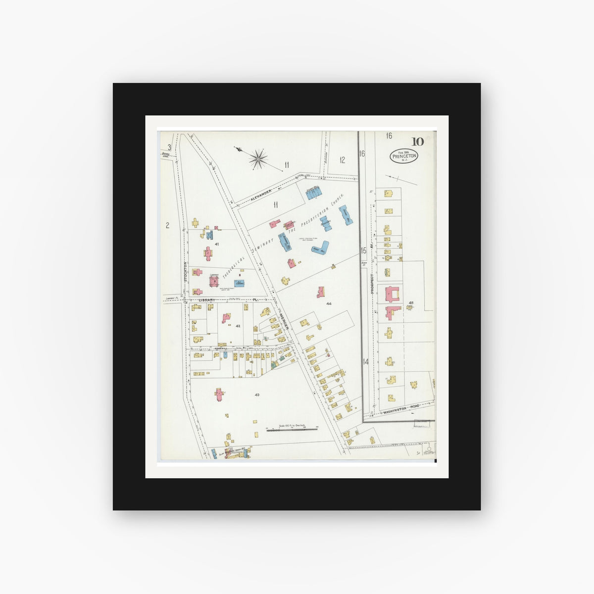 Old map wall art mockup — black gallery frame with white mat — Sanborn Fire Insurance Map from Princeton, Mercer County, New Jersey (1906), Sheet #0010