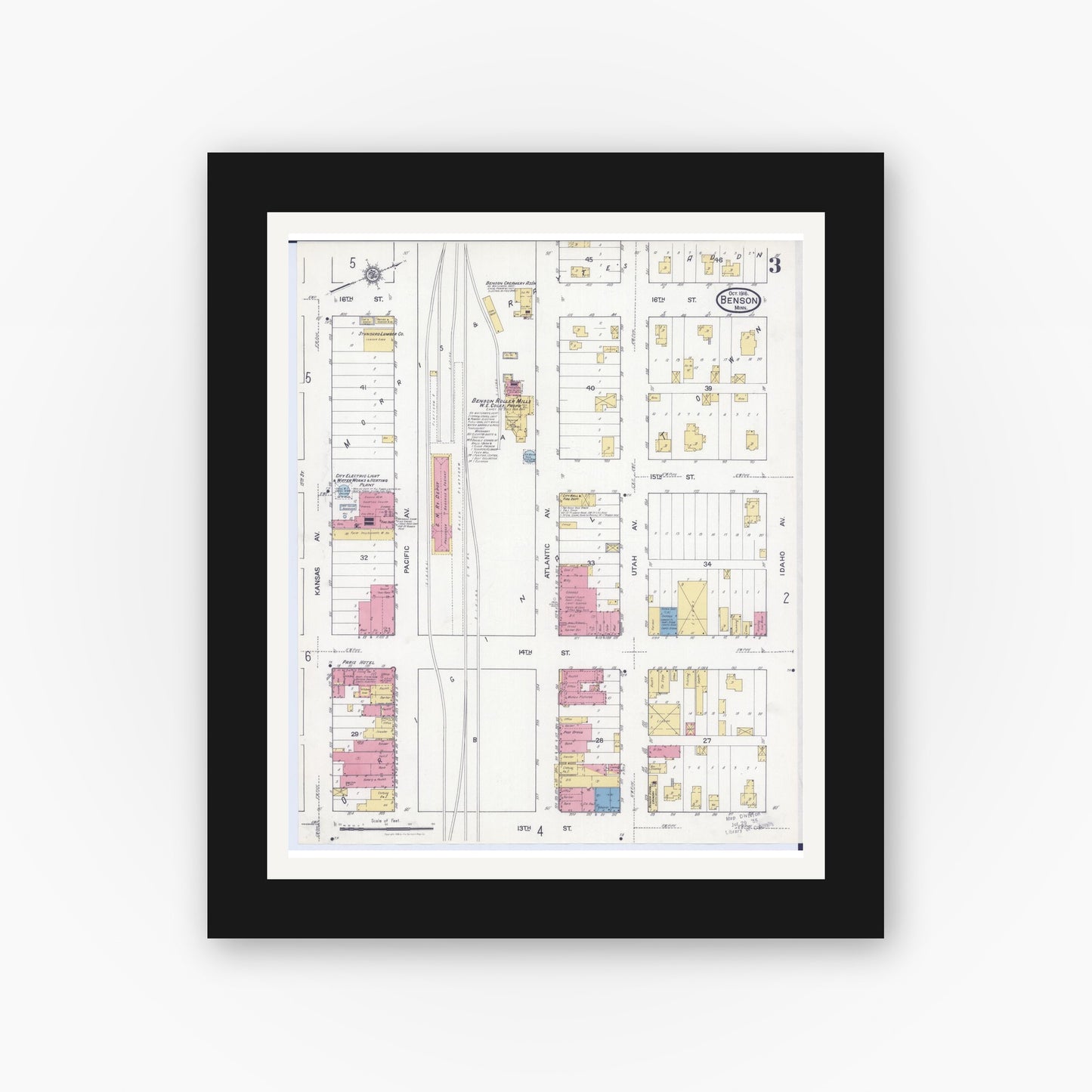 Old map wall art mockup — black gallery frame with white mat — Sanborn Fire Insurance Map from Benson, Swift County, Minnesota (1916), Sheet #0003