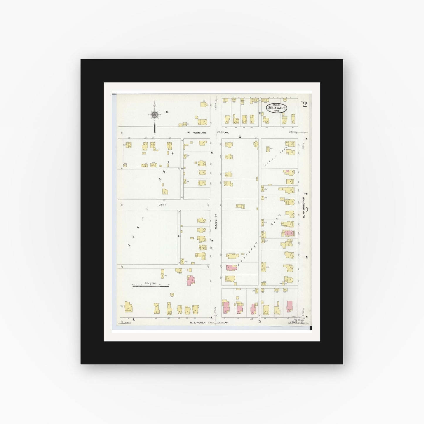 Old map wall art mockup — black gallery frame with white mat — Sanborn Fire Insurance Map from Delaware, Delaware County, Ohio (1911), Sheet #0002