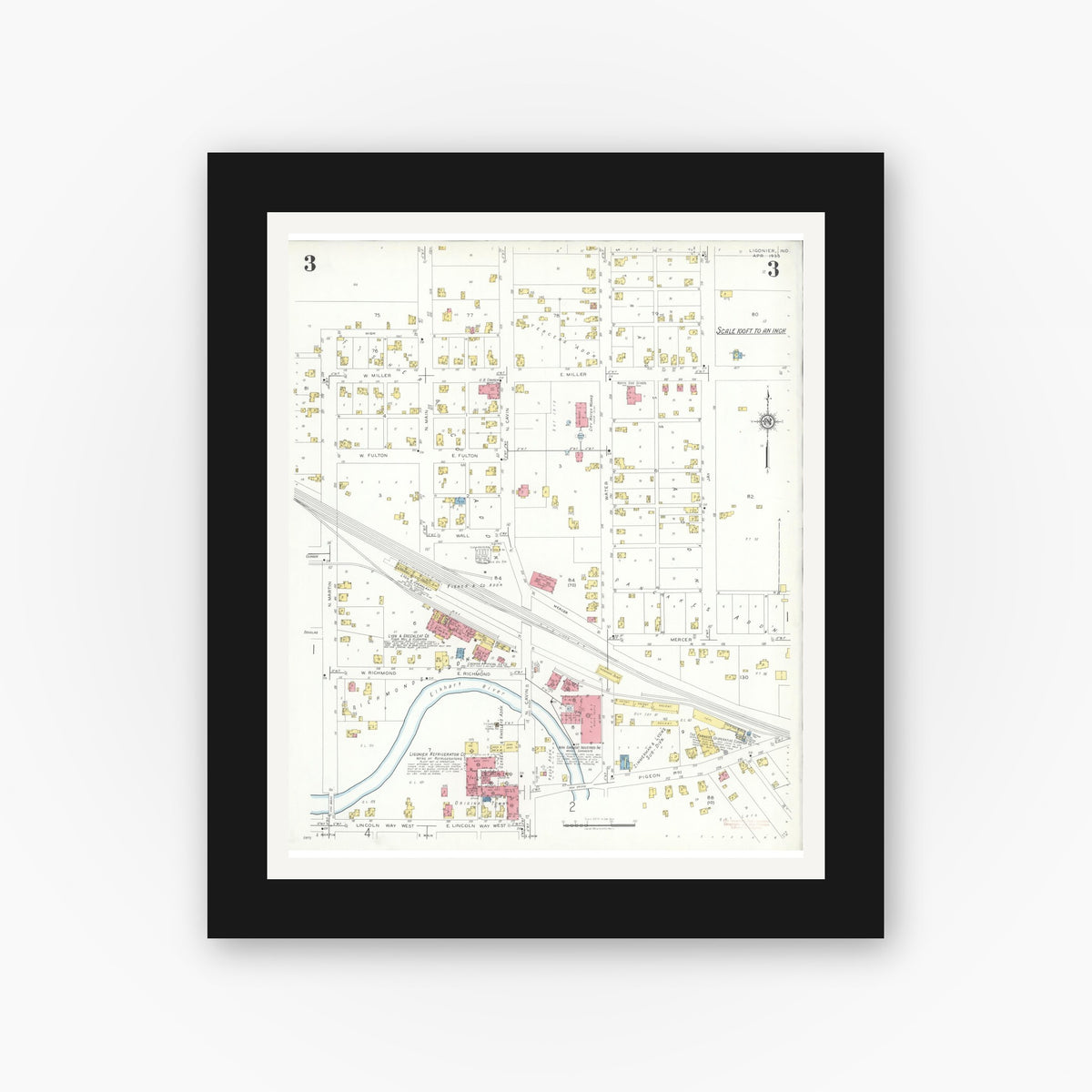 Old map wall art mockup — black gallery frame with white mat — Sanborn Fire Insurance Map from Ligonier, Noble County, Indiana (1933), Sheet #0003