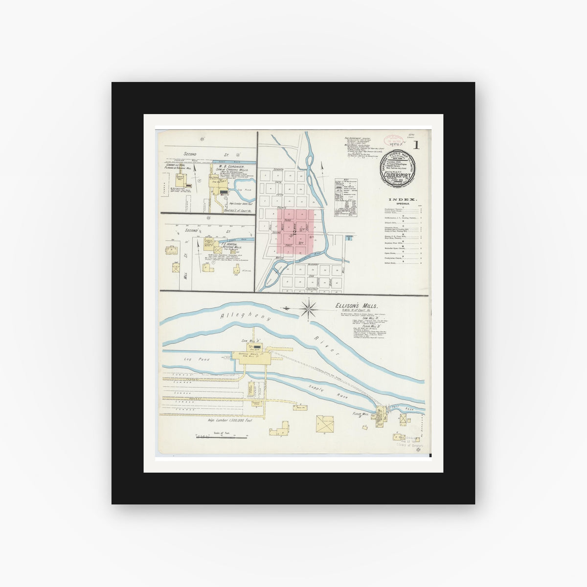 Old map wall art mockup — black gallery frame with white mat — Sanborn Fire Insurance Map from Coudersport, Potter County, Pennsylvania (1891) - Complete Map Set