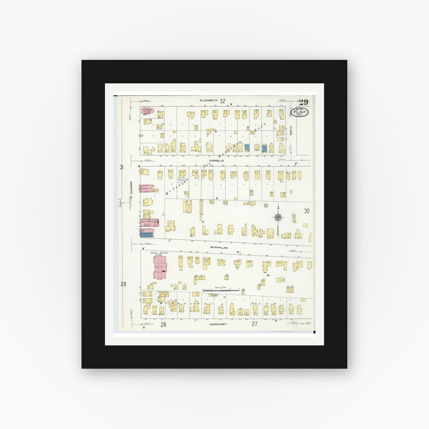 Old map wall art mockup — black gallery frame with white mat — Sanborn Fire Insurance Map from Flint, Genesee County, Michigan (1909), Sheet #0029