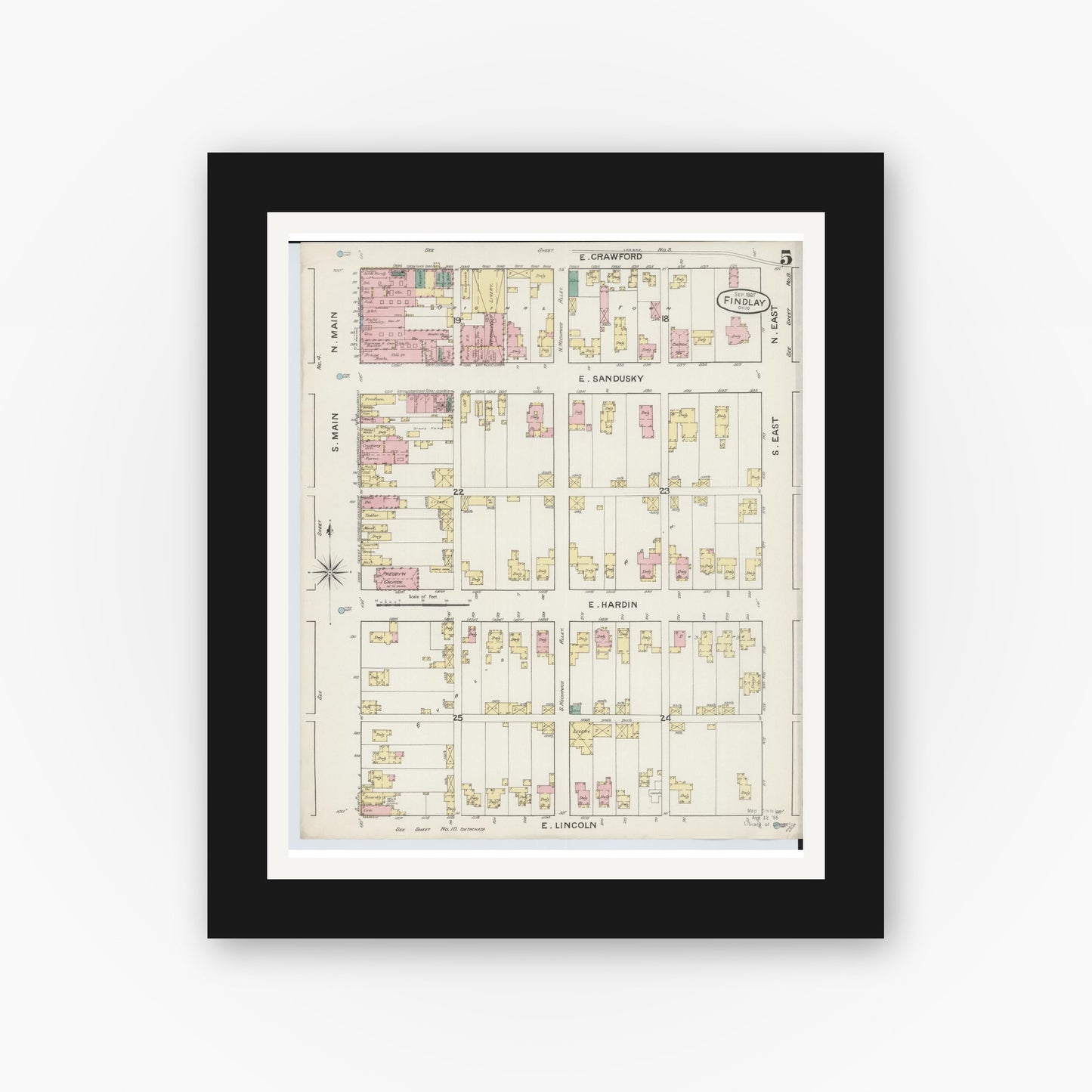 Old map wall art mockup — black gallery frame with white mat — Sanborn Fire Insurance Map from Findlay, Hancock County, Ohio (1887), Sheet #0005