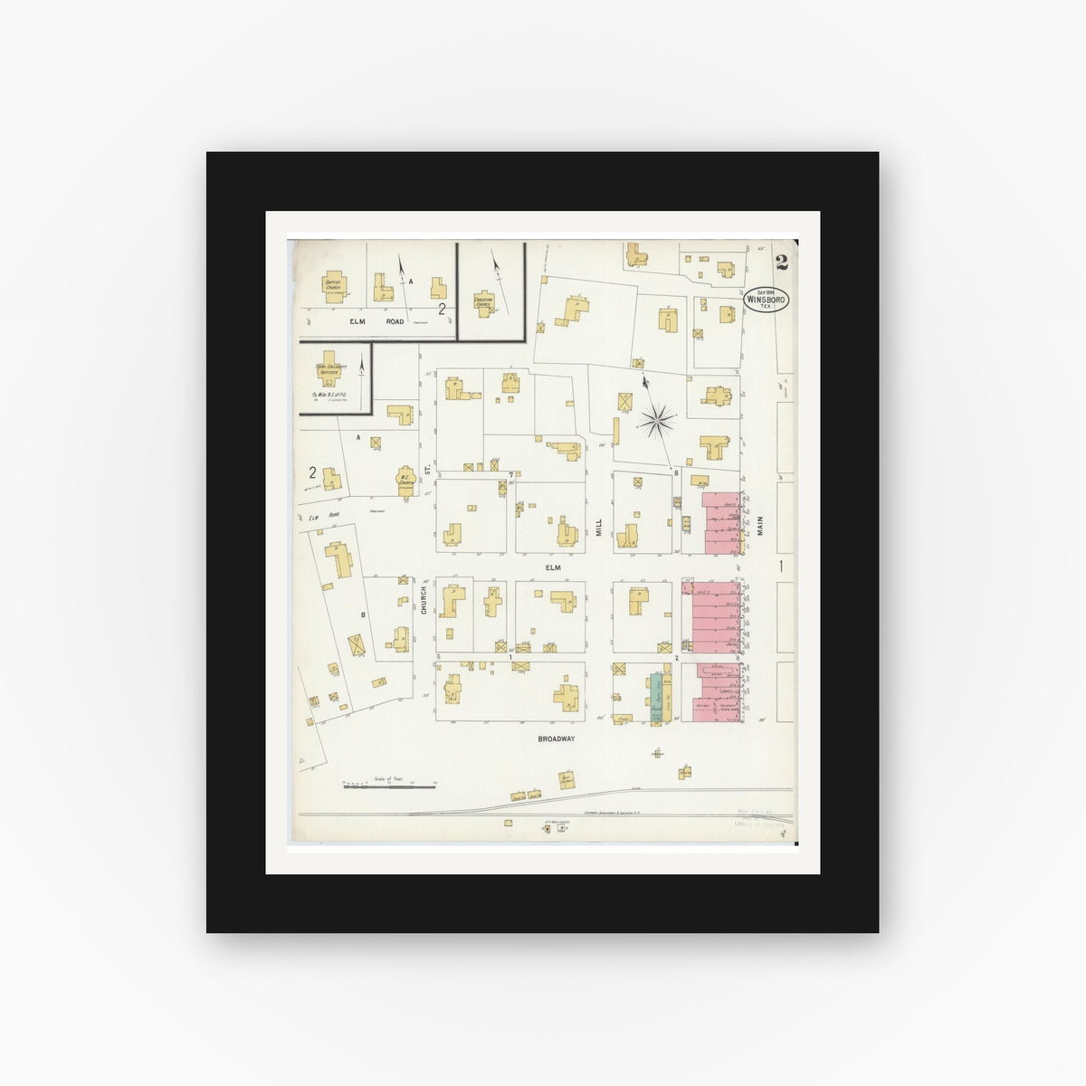 Old map wall art mockup — black gallery frame with white mat — Sanborn Fire Insurance Map from Winnsboro, Wood County, Texas (1899), Sheet #0002